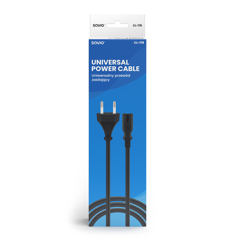 Confezione del cavo Savio Universal Power Cable. Il cavo è mostrato all'interno della confezione.