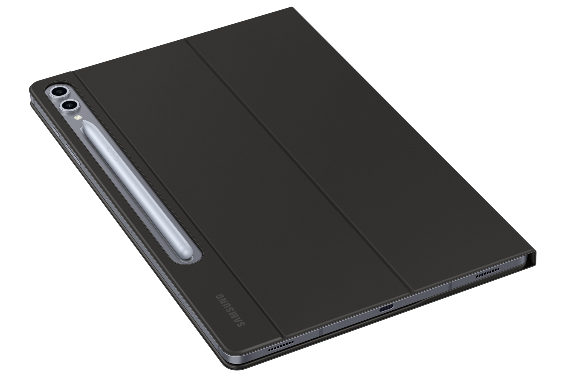 Schwarzes Tablet mit angebrachter Hülle. Stift ist befestigt. Dunkler Hintergrund. Samsung-Marke.