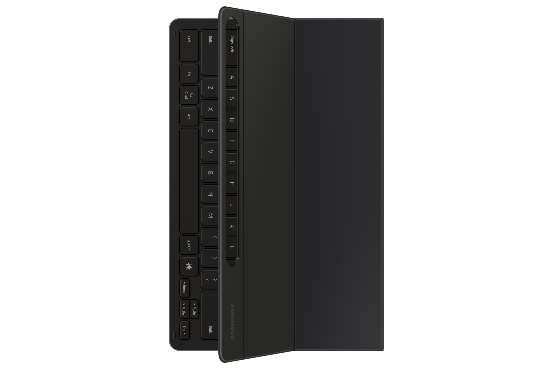 Schwarzes Tablet mit Tastaturabdeckung. Tastatur sichtbar. Samsung-Logo. Weißer Hintergrund.