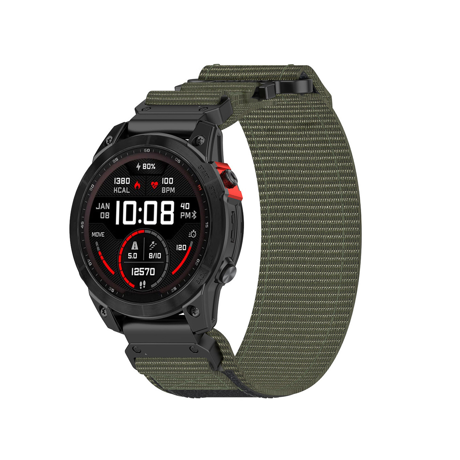 Czarny smartwatch z oliwkowym paskiem. Wyświetla czas, statystyki na białym tle.