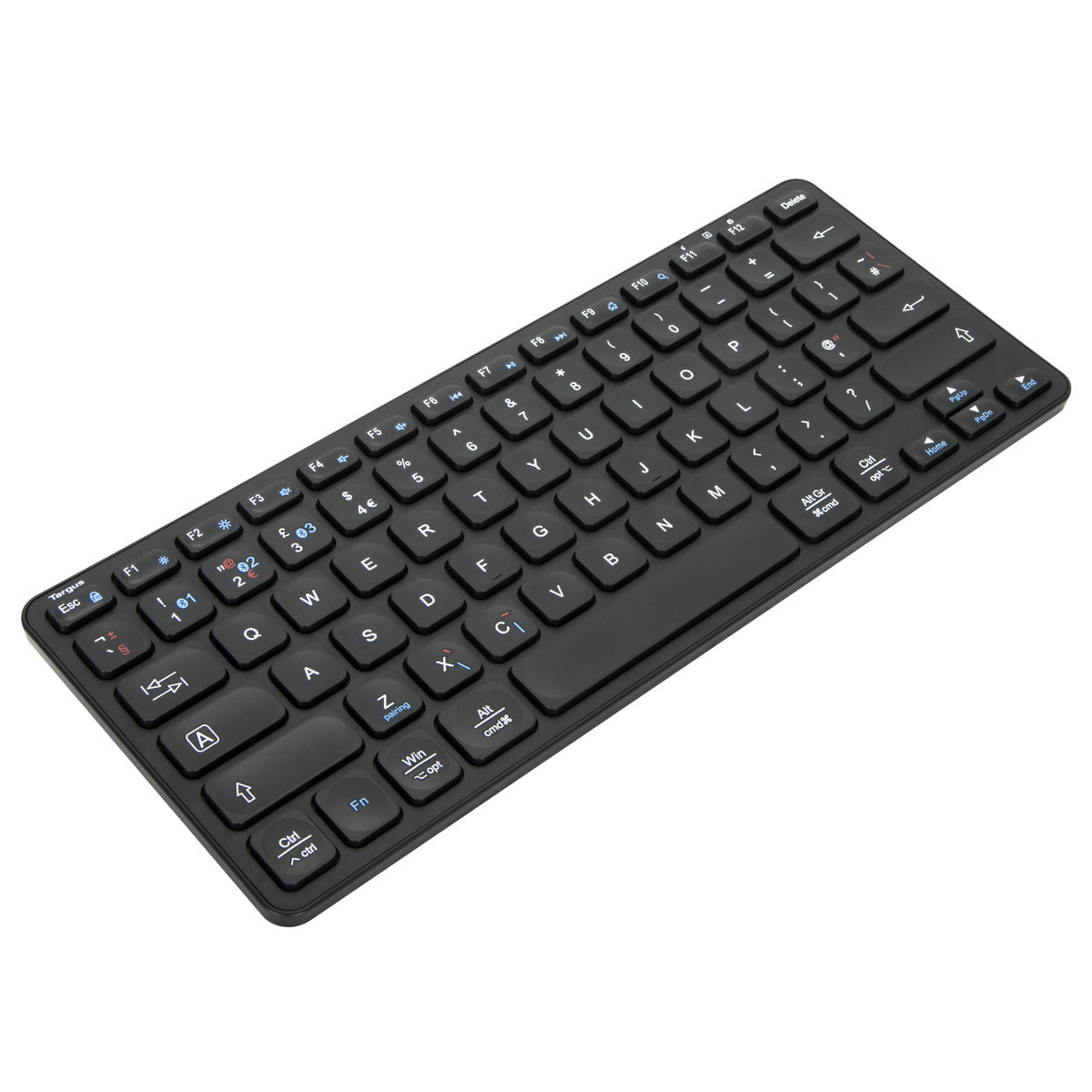 Teclado negro compacto con variedad de teclas y marco negro.
