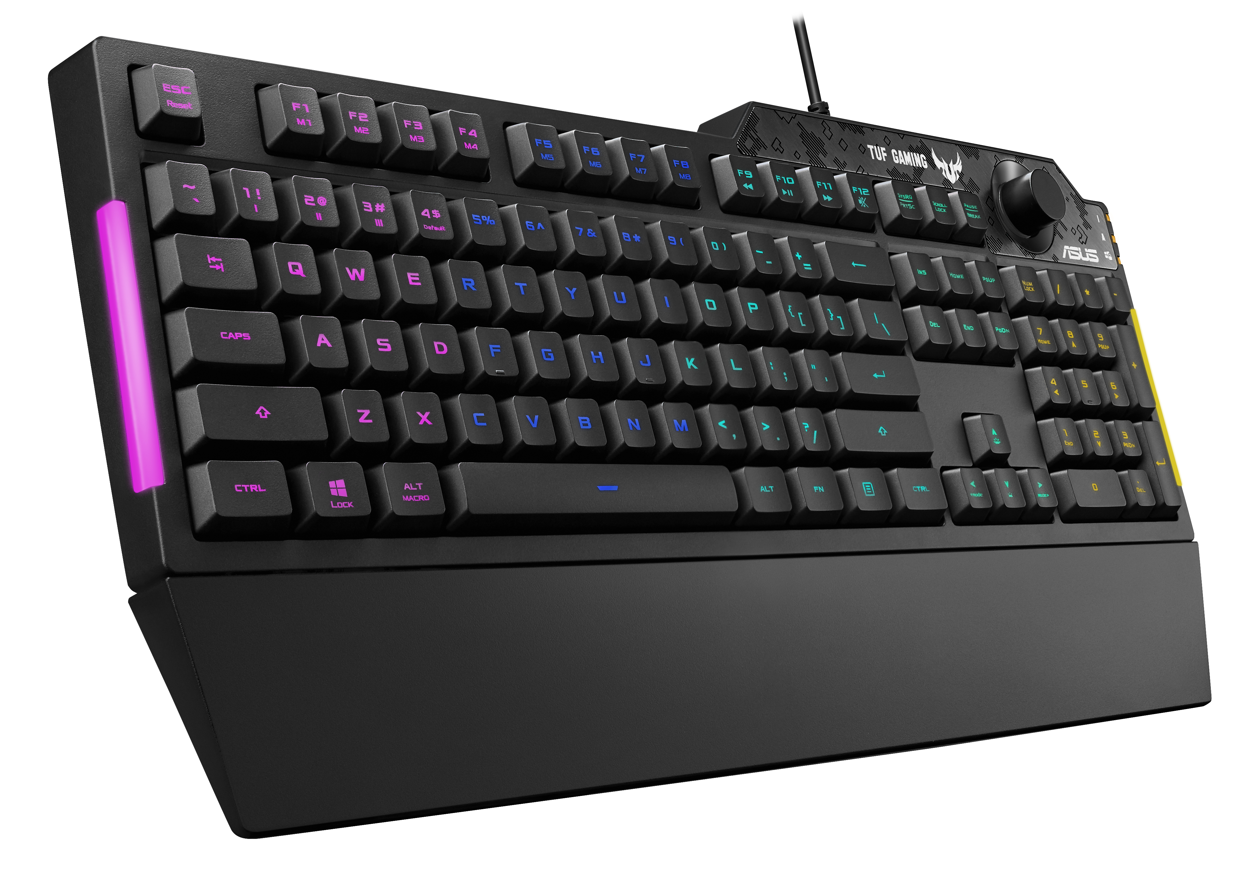 Tastiera gaming nera. Tasti neri, illuminazione multicolore. Marchio ASUS TUF.