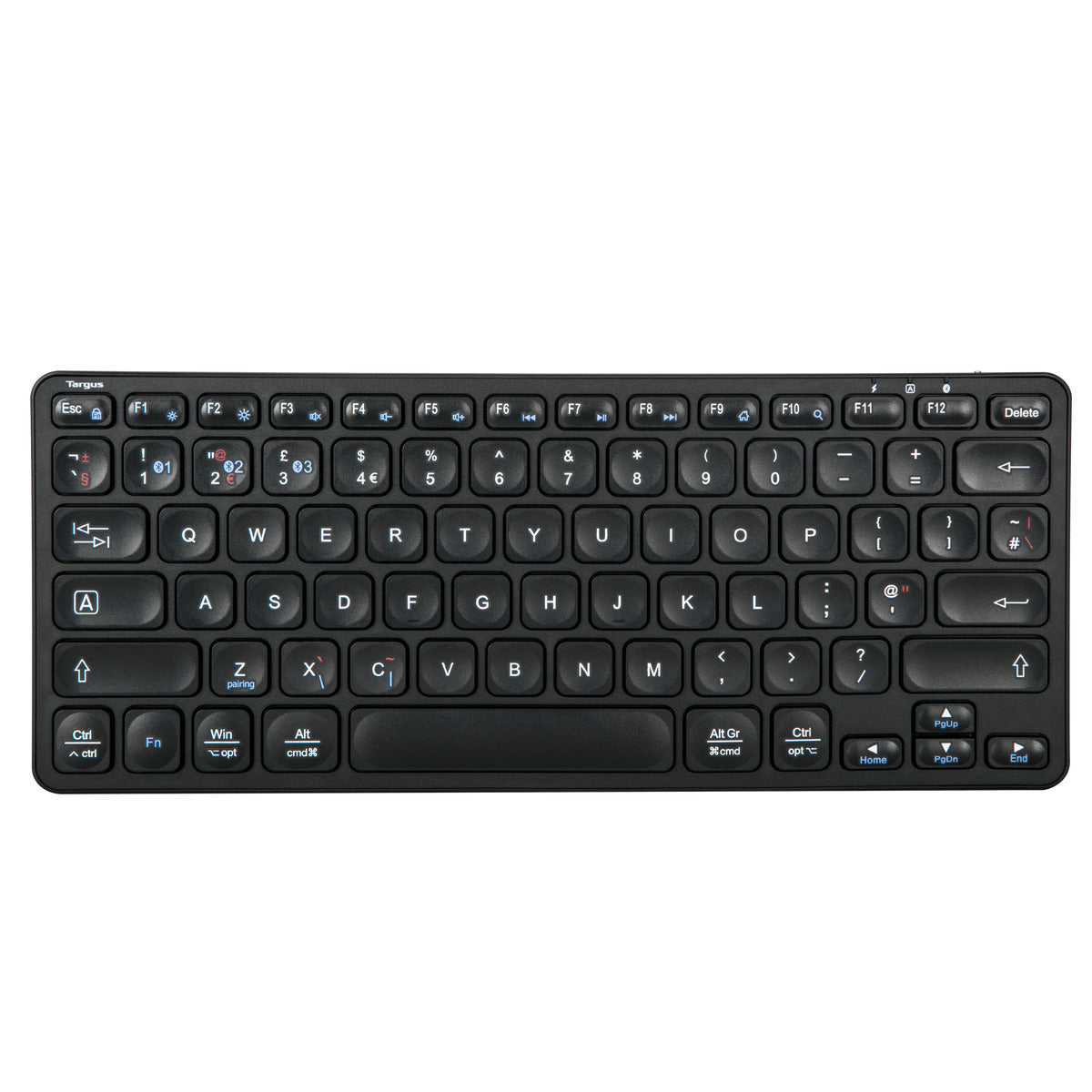 Teclado Targus negro con letras blancas y marco negro.