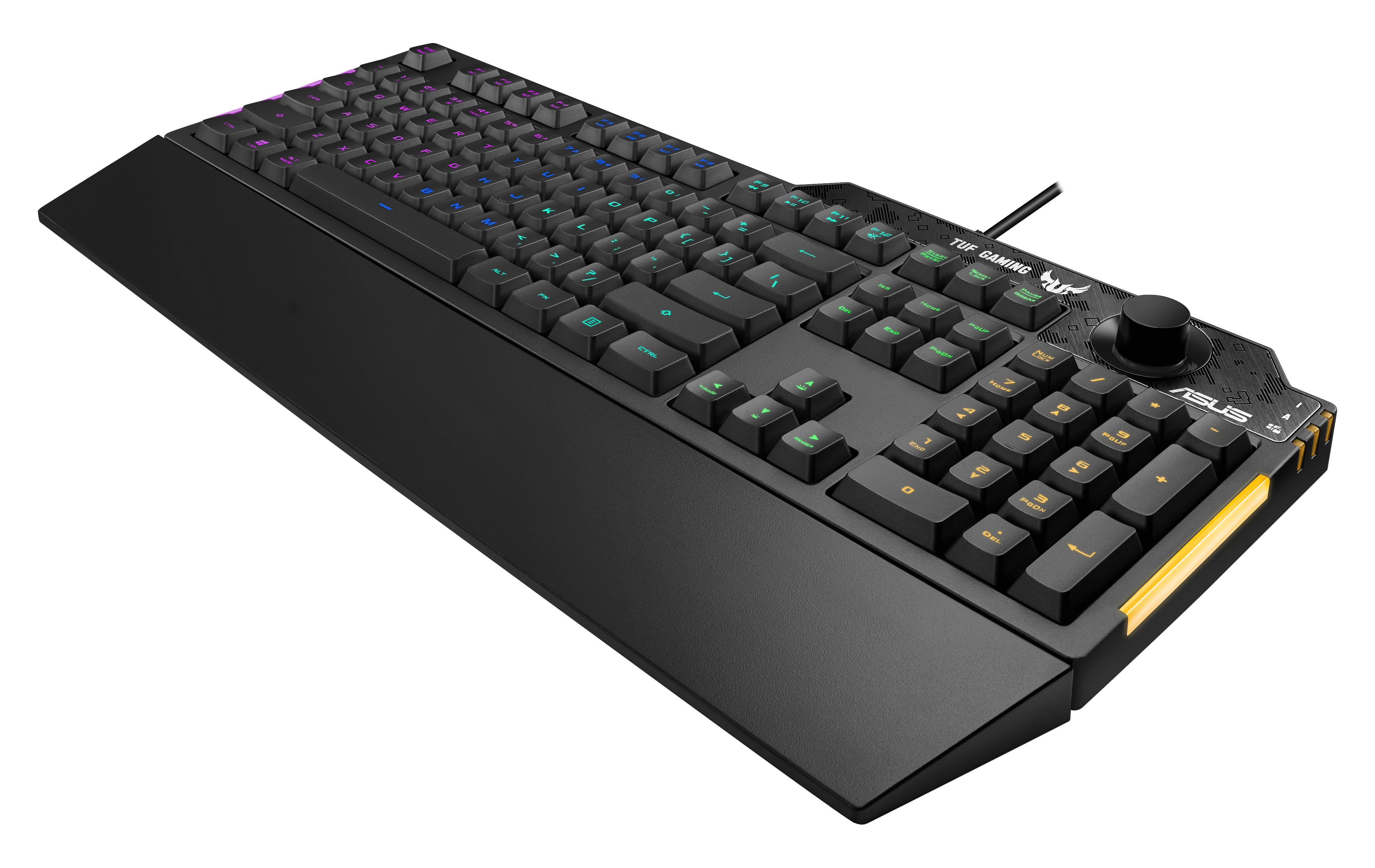 Tastiera gaming nera. Tasti neri con luci multicolore. Marchio ASUS TUF.