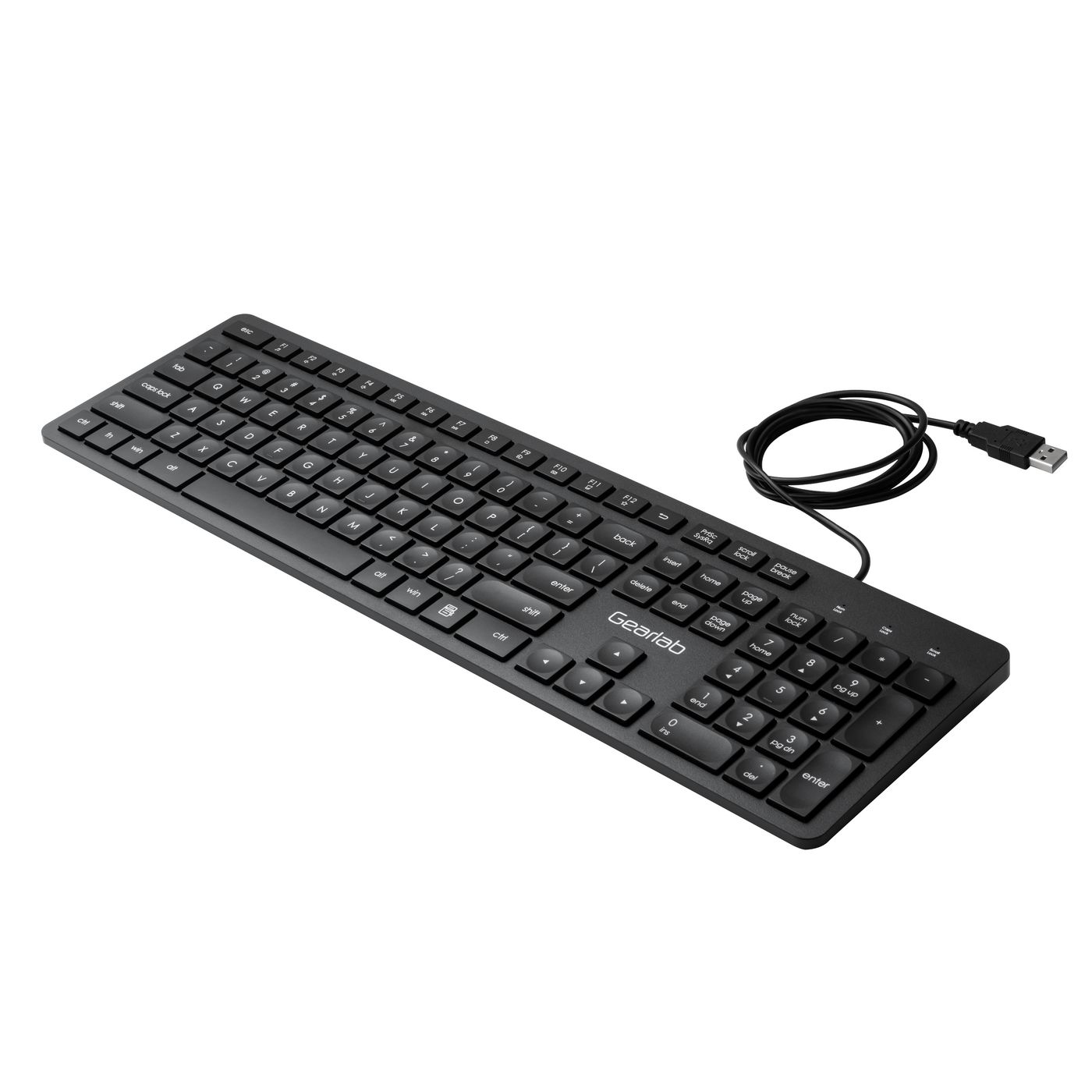 Black Gearlab keyboard with a USB cable. Standard QWERTY layout with a numeric keypad.
