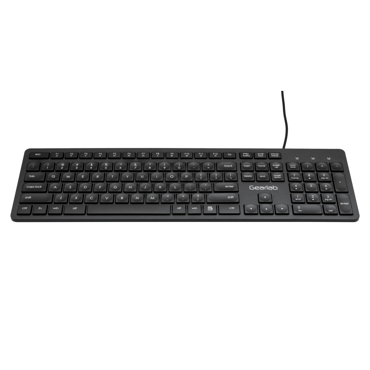 Black Gearlab keyboard. Full QWERTY layout with numeric keypad. Black cable.