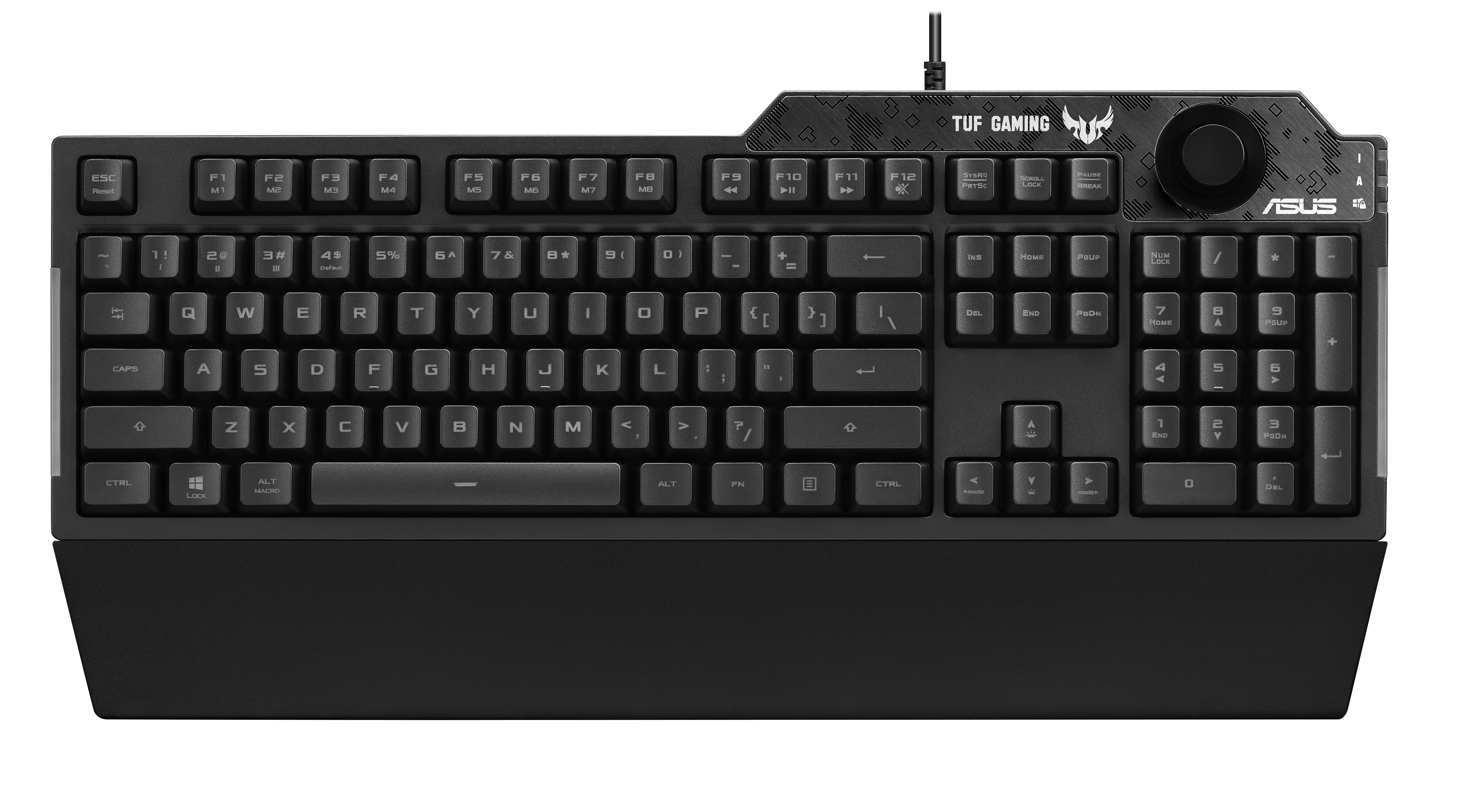Tastiera gaming nera. Layout QWERTY completo. Marchio ASUS TUF. Tasti neri, senza luci.