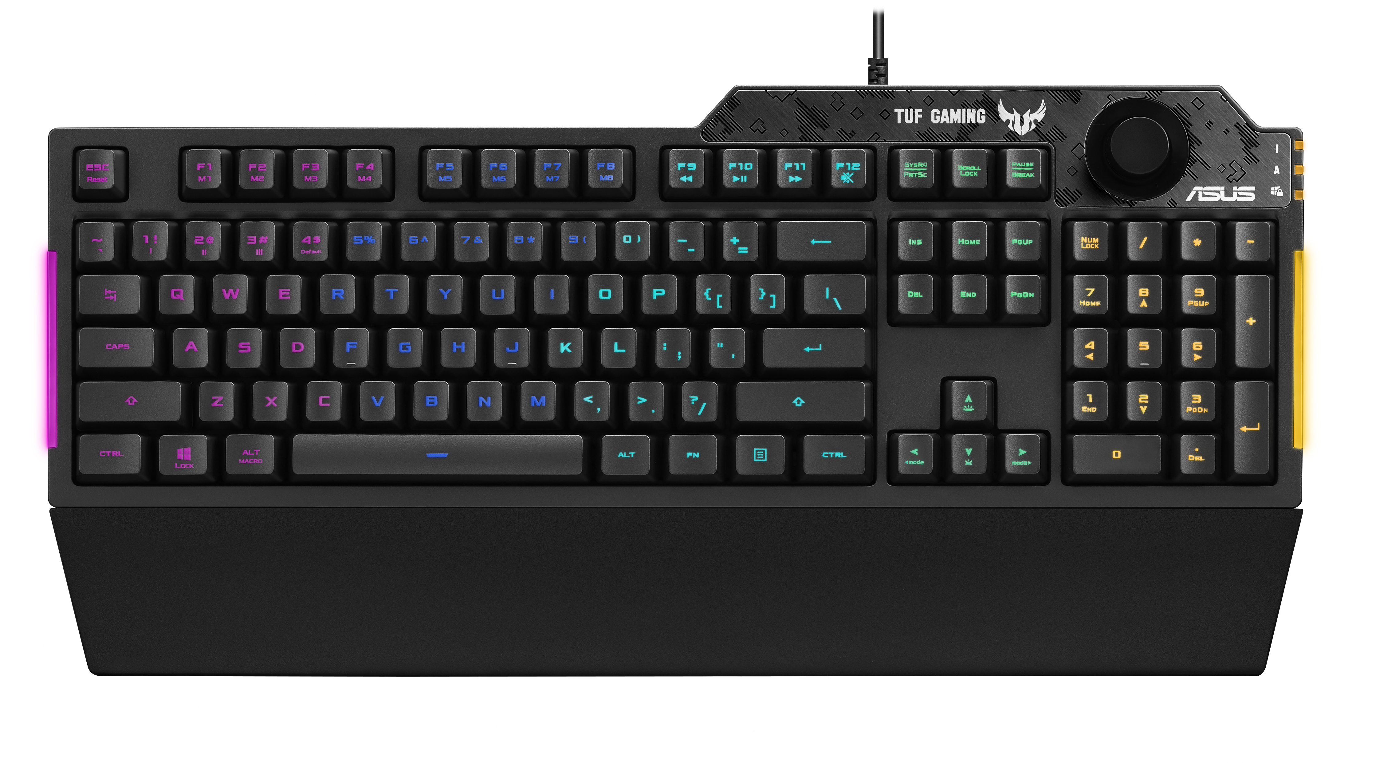 Tastiera ASUS TUF Gaming nera con manopola del volume e tasti colorati.