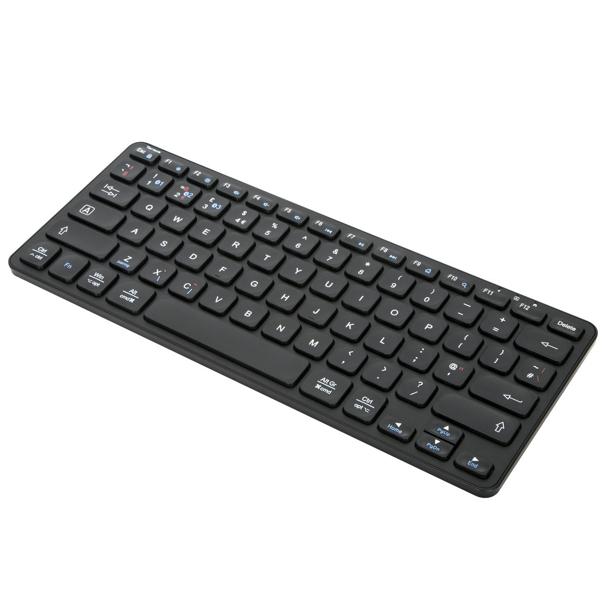 Teclado inalámbrico negro. Diseño compacto. Incluye teclas de función. Sin cable.