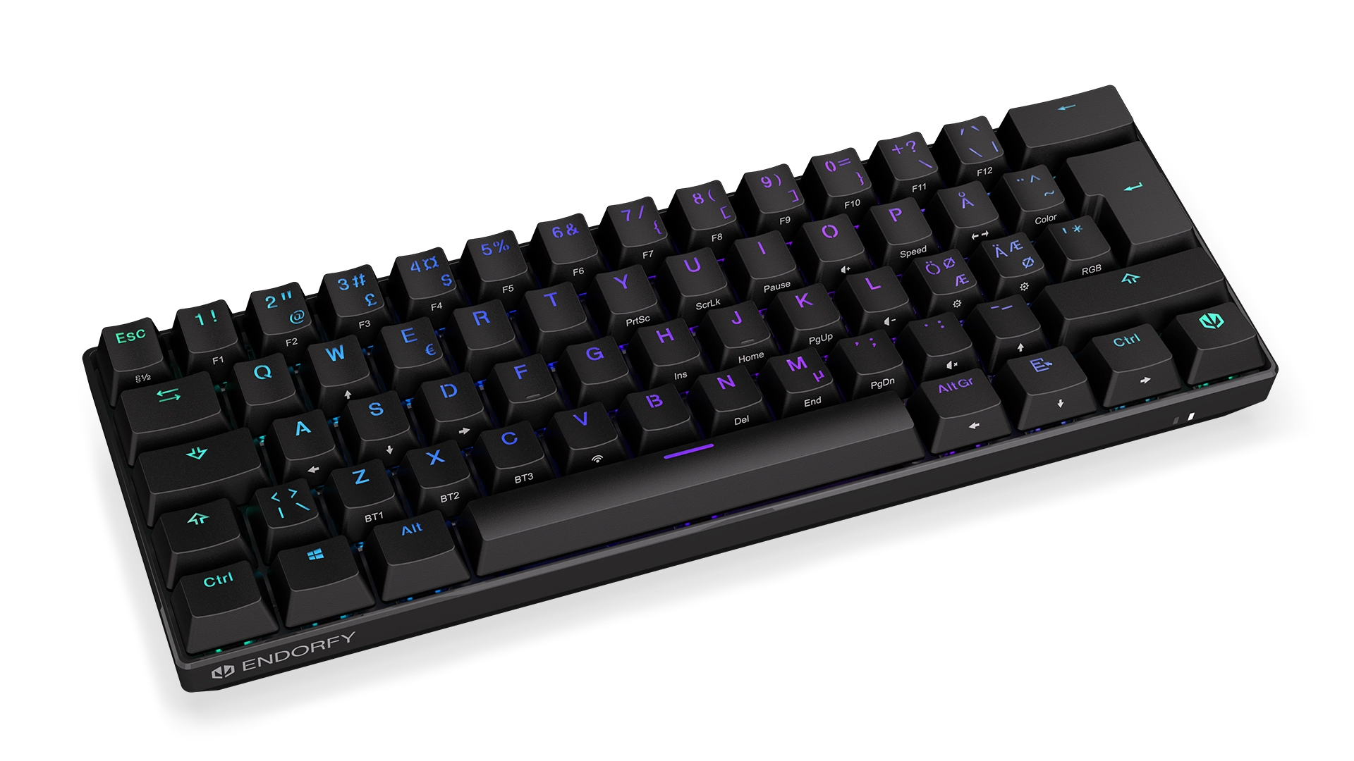Schwarze ENDORFY-Tastatur mit Hintergrundbeleuchtung und kompaktem Design.
