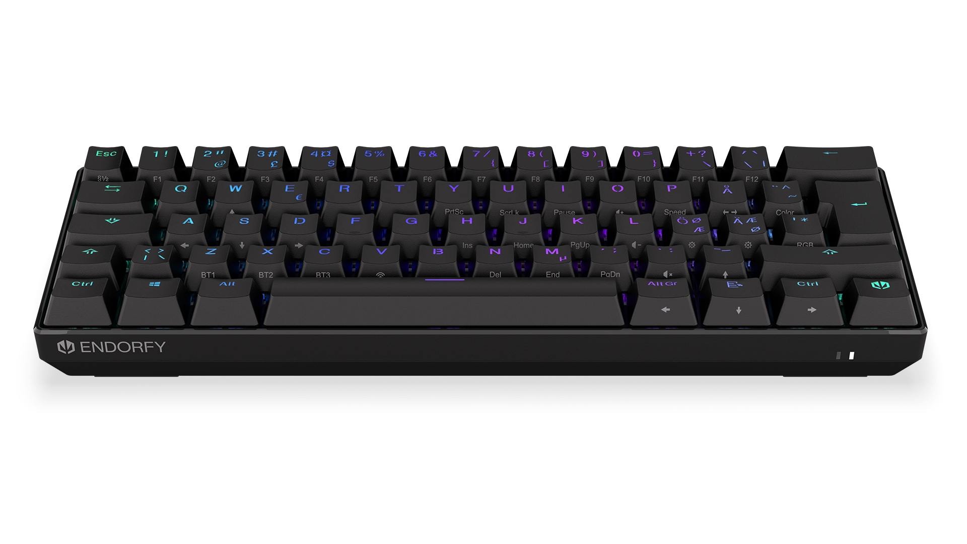 Schwarze ENDORFY-Tastatur mit Hintergrundbeleuchtung und kompaktem Design.