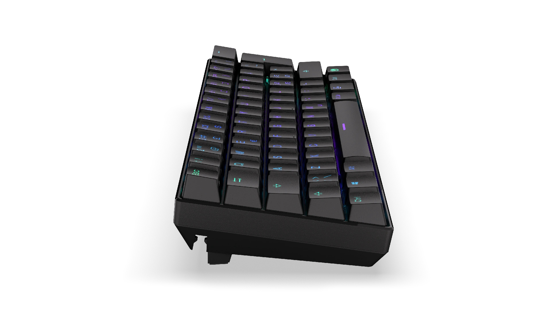 Schwarze Tastatur, schräge Perspektive. Weißer Hintergrund. Tasten und Layout.