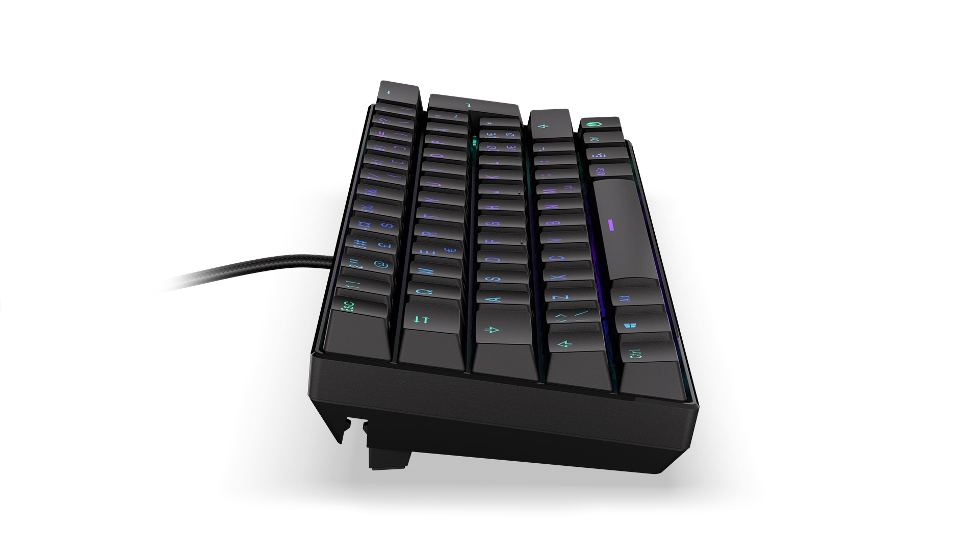 Abgewinkelte schwarze Tastatur mit Hintergrundbeleuchtung und elegantem Design.