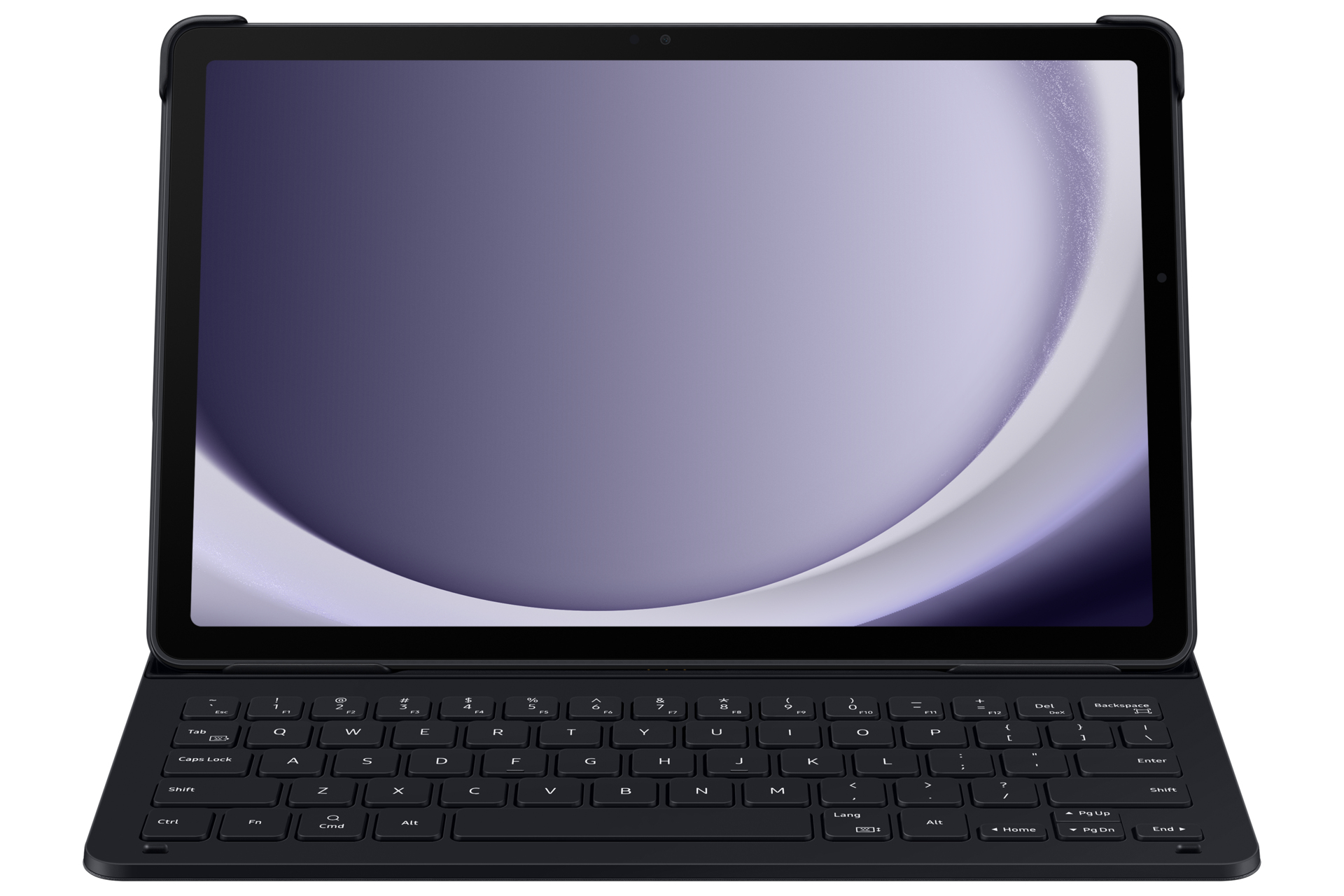 Tablet mit Tastatur, Bildschirm zeigt lila und weißen Farbverlauf. Das Gerät ist schwarz.