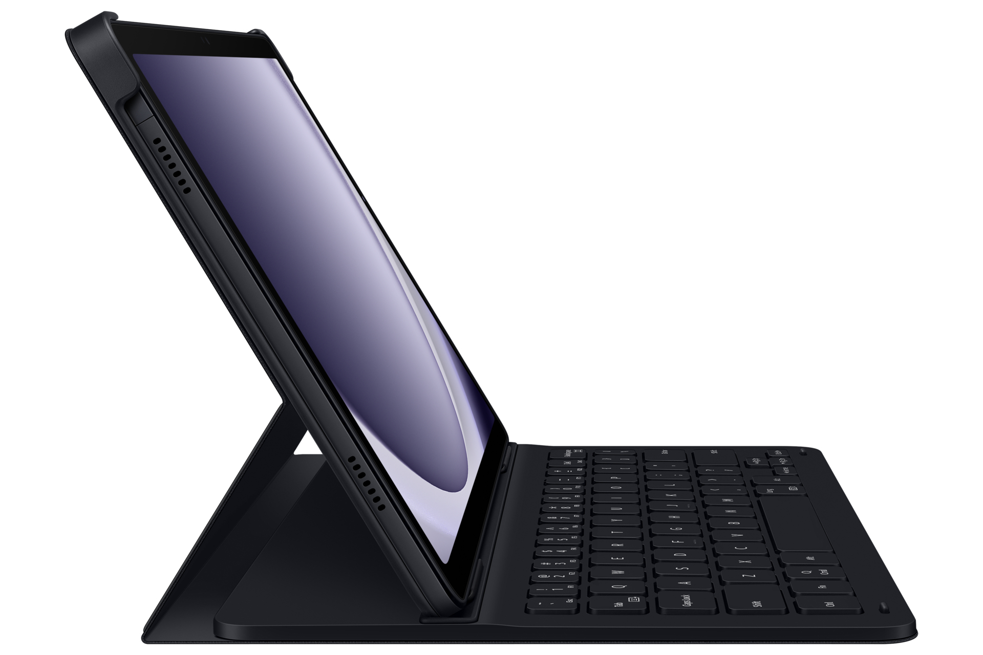 Schwarzes Tablet mit Tastaturhülle. Winkelansicht. Zeigt Bildschirm.