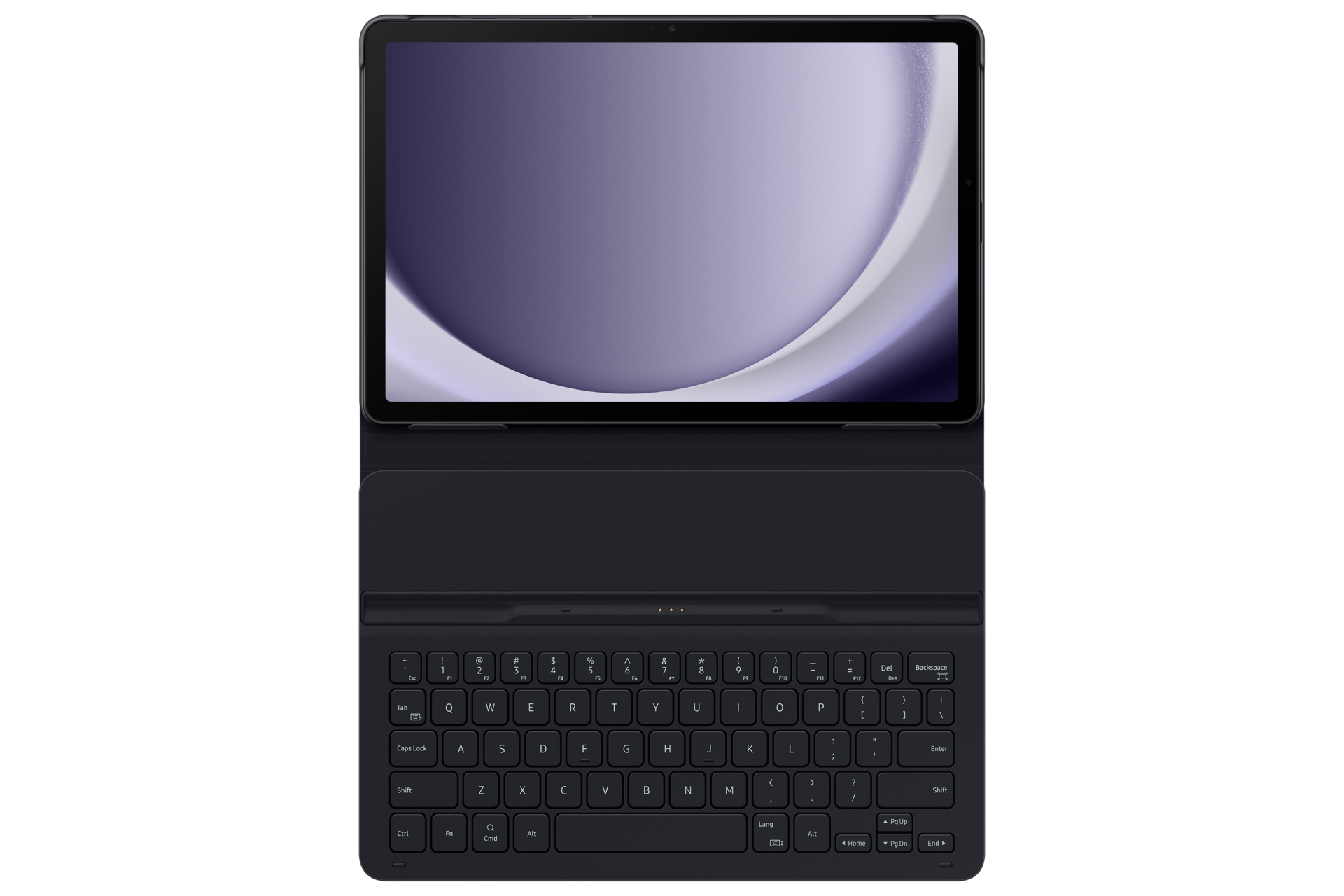Tablet mit geöffneter Tastaturhülle, das einen Bildschirm mit einem lila und weißen Hintergrund zeigt.