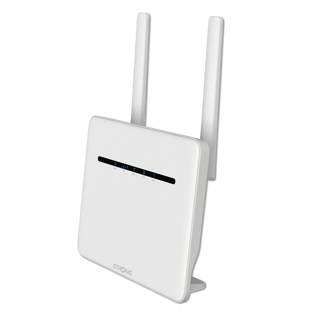 Enrutador blanco sobre superficie blanca con dos antenas. El enrutador tiene luces indicadoras. 'STRONG' visible.