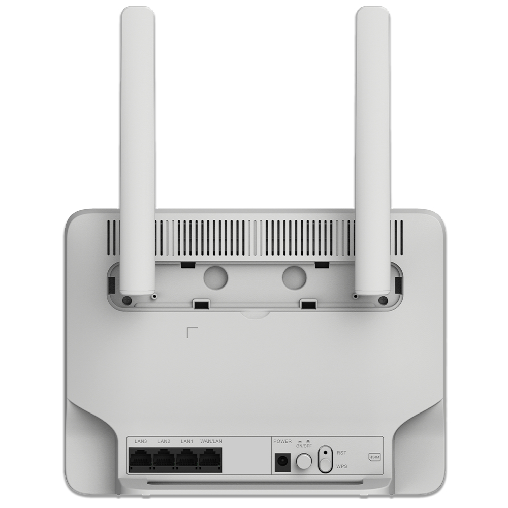 Router blanco con dos antenas arriba, puertos abajo y botón de encendido. Fondo blanco.