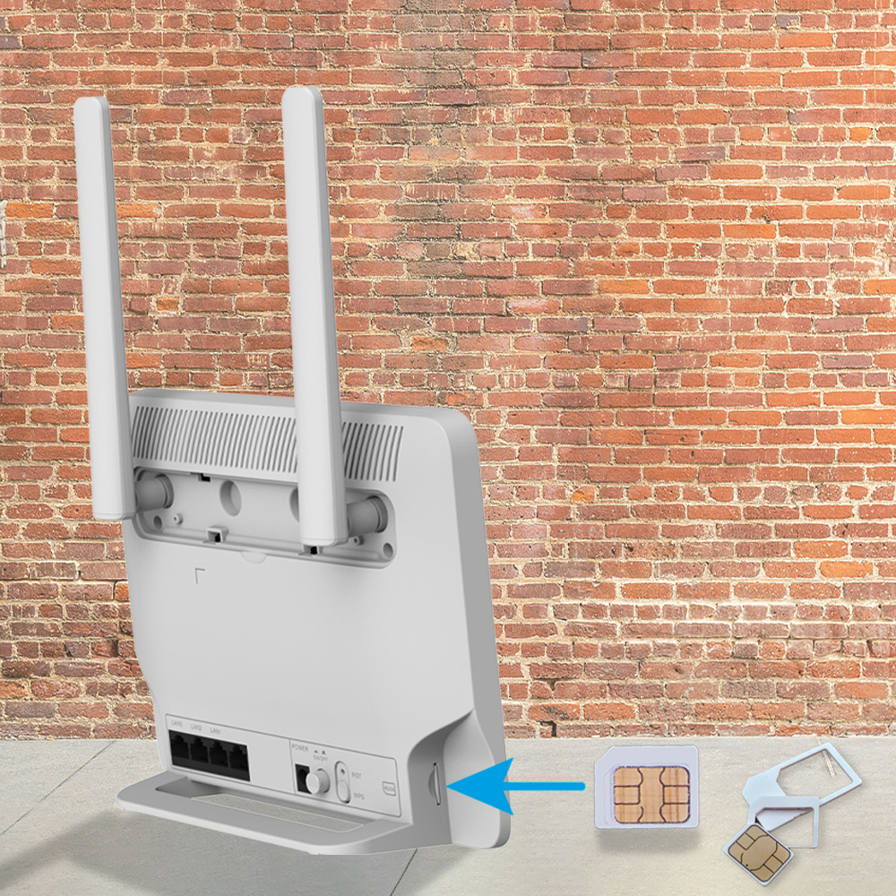 Router con antenas, ranura para tarjeta SIM y tarjeta SIM. Fondo de pared de ladrillo. Flecha apunta a la tarjeta.