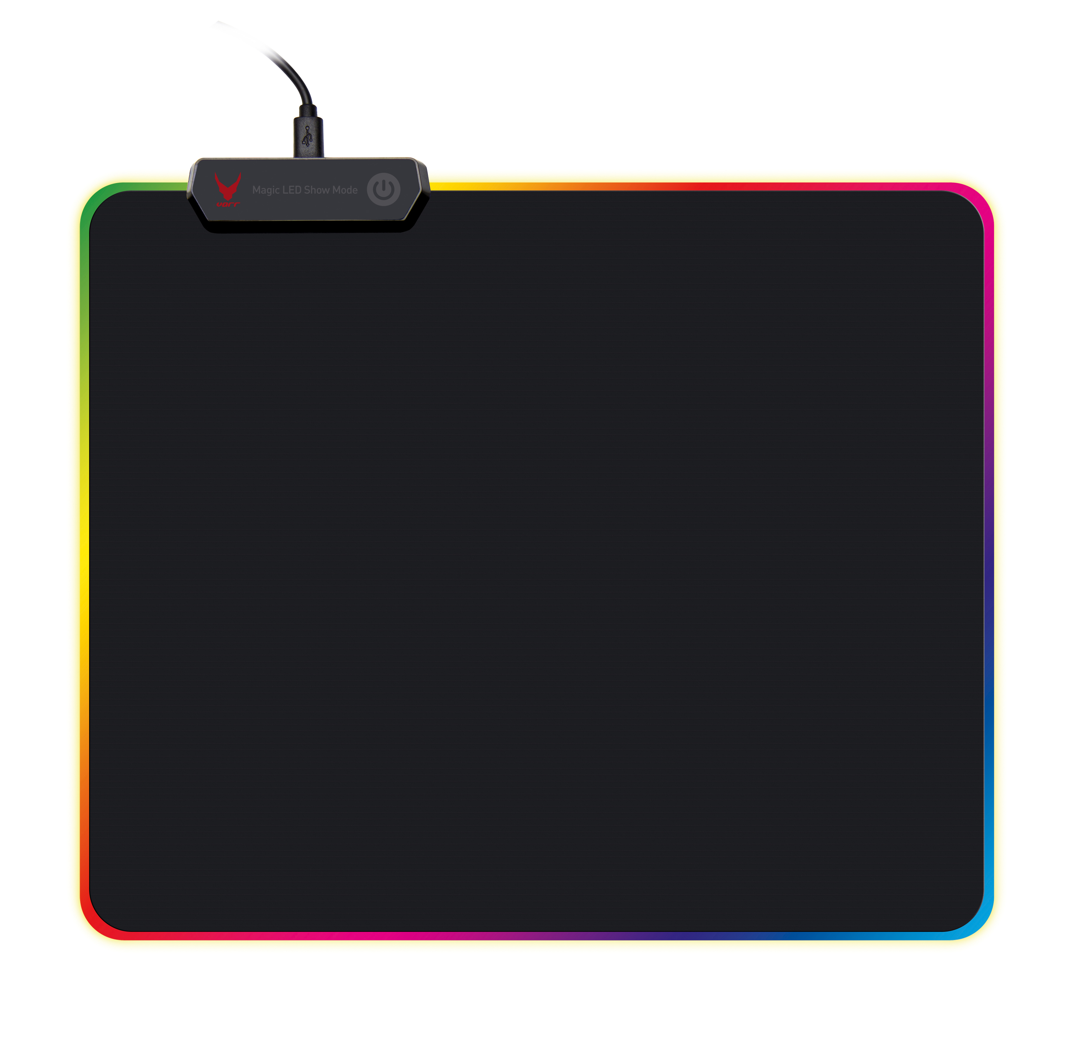 Tapis de souris noir avec éclairage de bord coloré et panneau de commande. Surface noire.