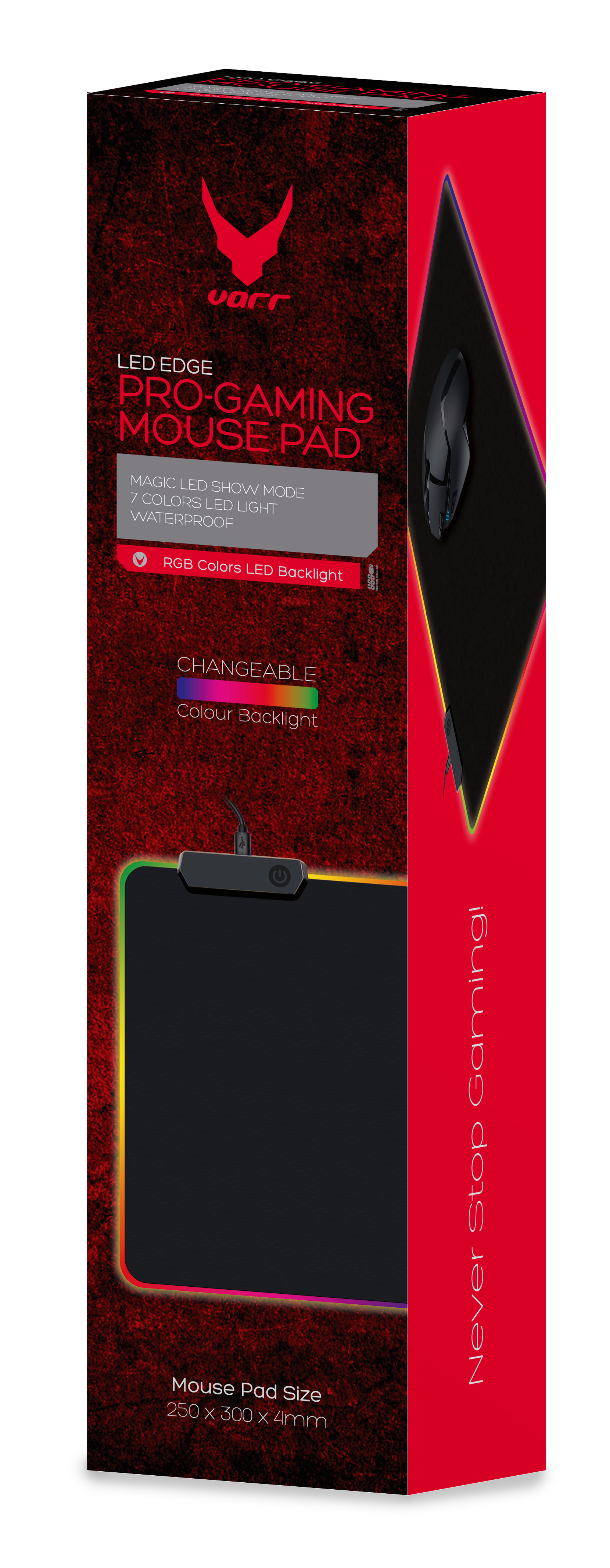 Boîte de tapis de souris avec tapis, souris et texte. Design rouge et noir avec bord coloré.