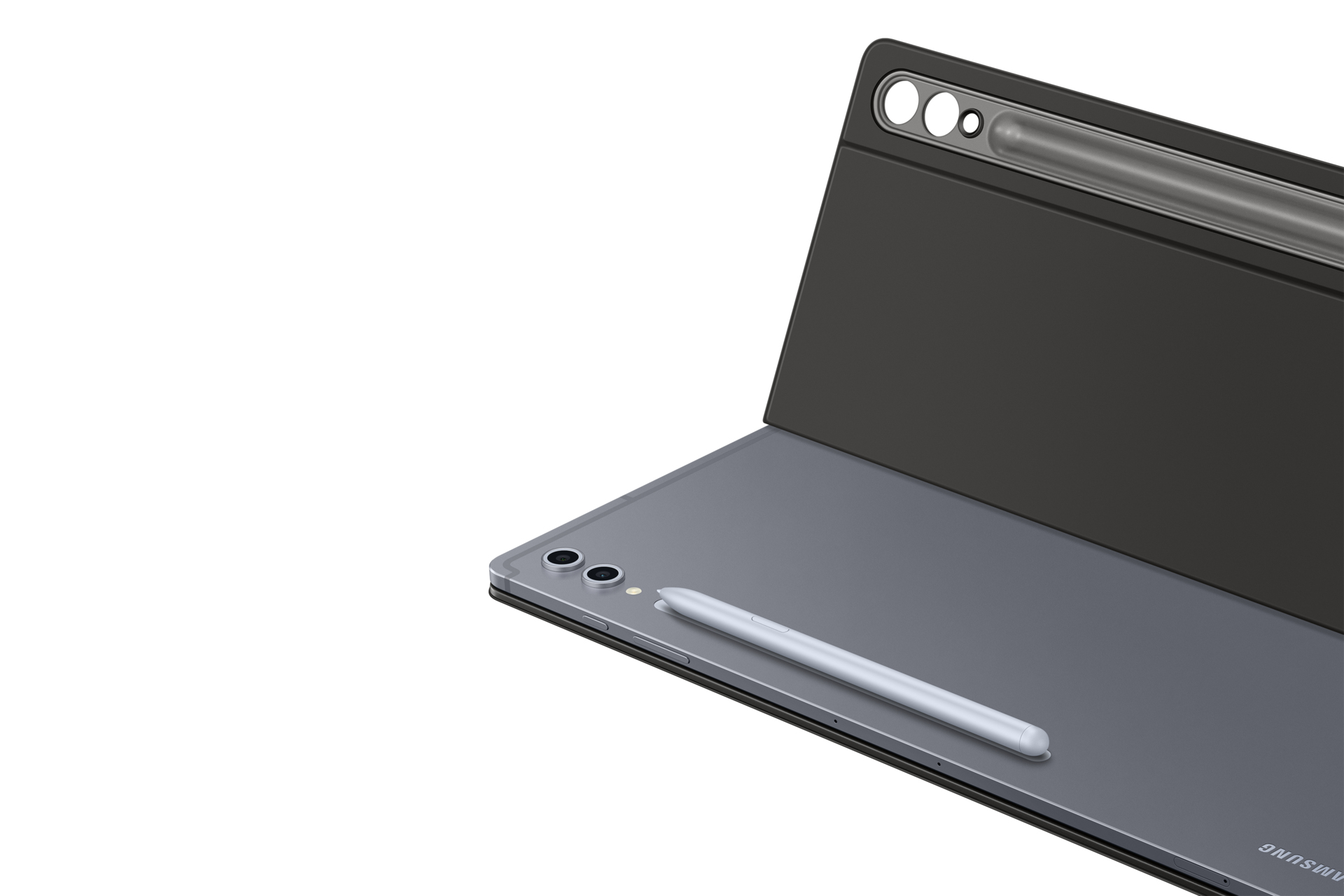 Tablet mit Stift auf weißem Hintergrund. Das Tablet ist grau, mit einer schwarzen Hülle.