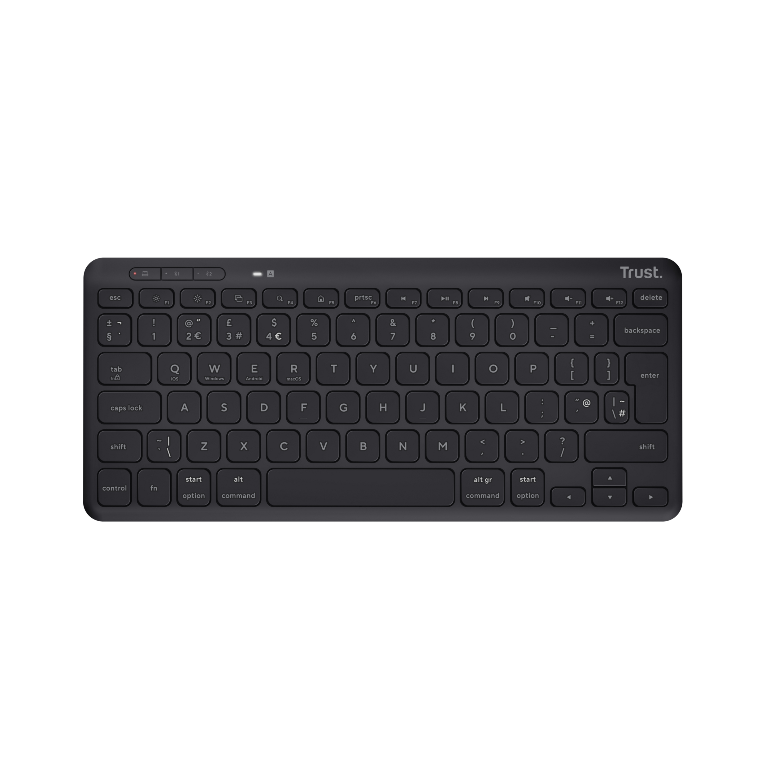 Schwarze Trust-Tastatur auf weißem Hintergrund. Sie ist klein und hat ein modernes Design.