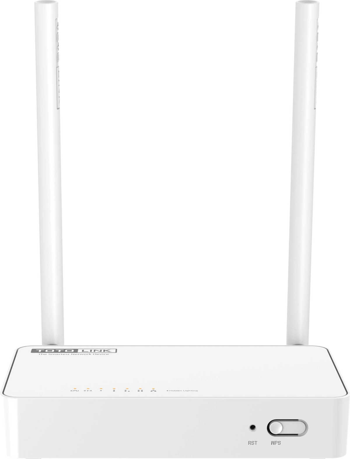 Biały router z dwiema antenami. Tekst mówi TOTO LINK na dole.