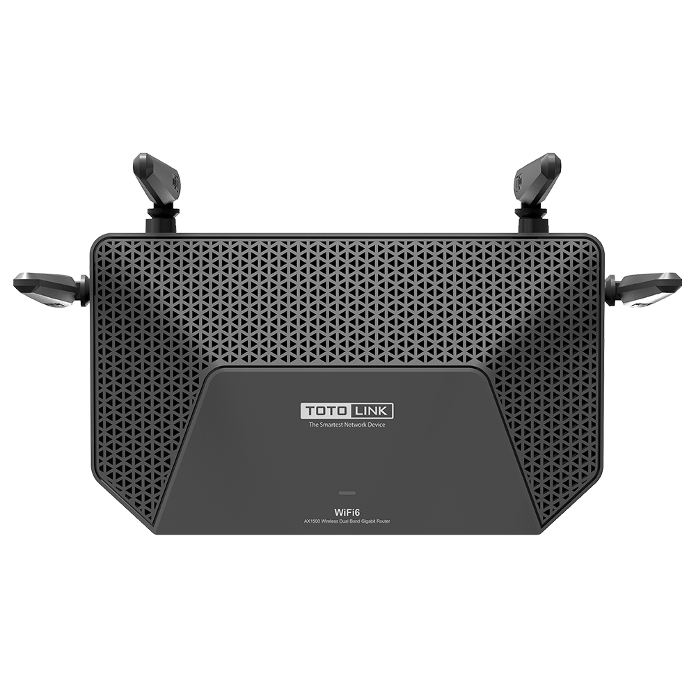 Czarny router z czterema antenami. Siatkowy design na górze, logo Toto Link. WiFi6 Bezprzewodowy router cyfrowy Dual Band.