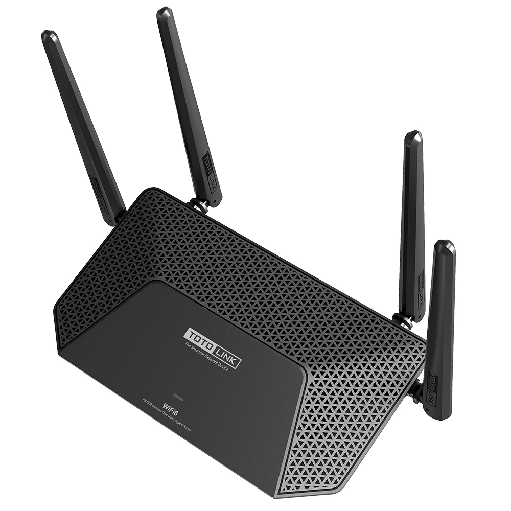 Czarny router z czterema antenami. Tekst mówi TOTO LINK i WiFi6.