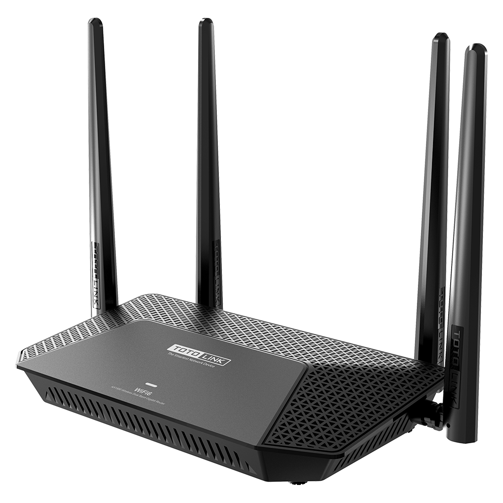 Czarny router z czterema antenami, logo Toto Link. Widok pod kątem. Router ma siatkową konstrukcję na górze.