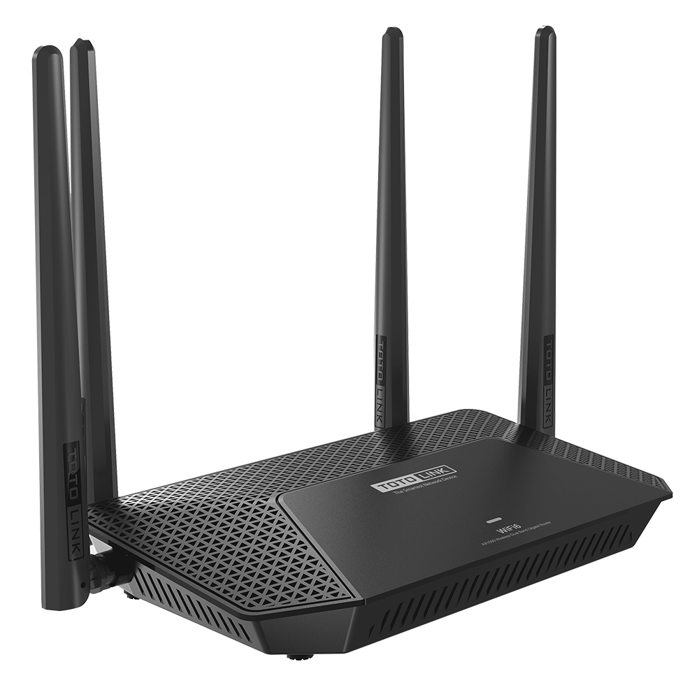 Czarny router z trzema antenami. Tekst mówi TOTO LINK i WiFi6.