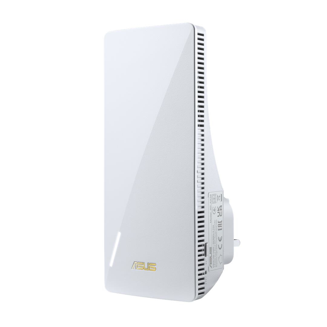 Weißer Asus WiFi-Extender, Plug-in-Typ. Schlankes Design, Anschlüsse an der Seite. Weißer Hintergrund.