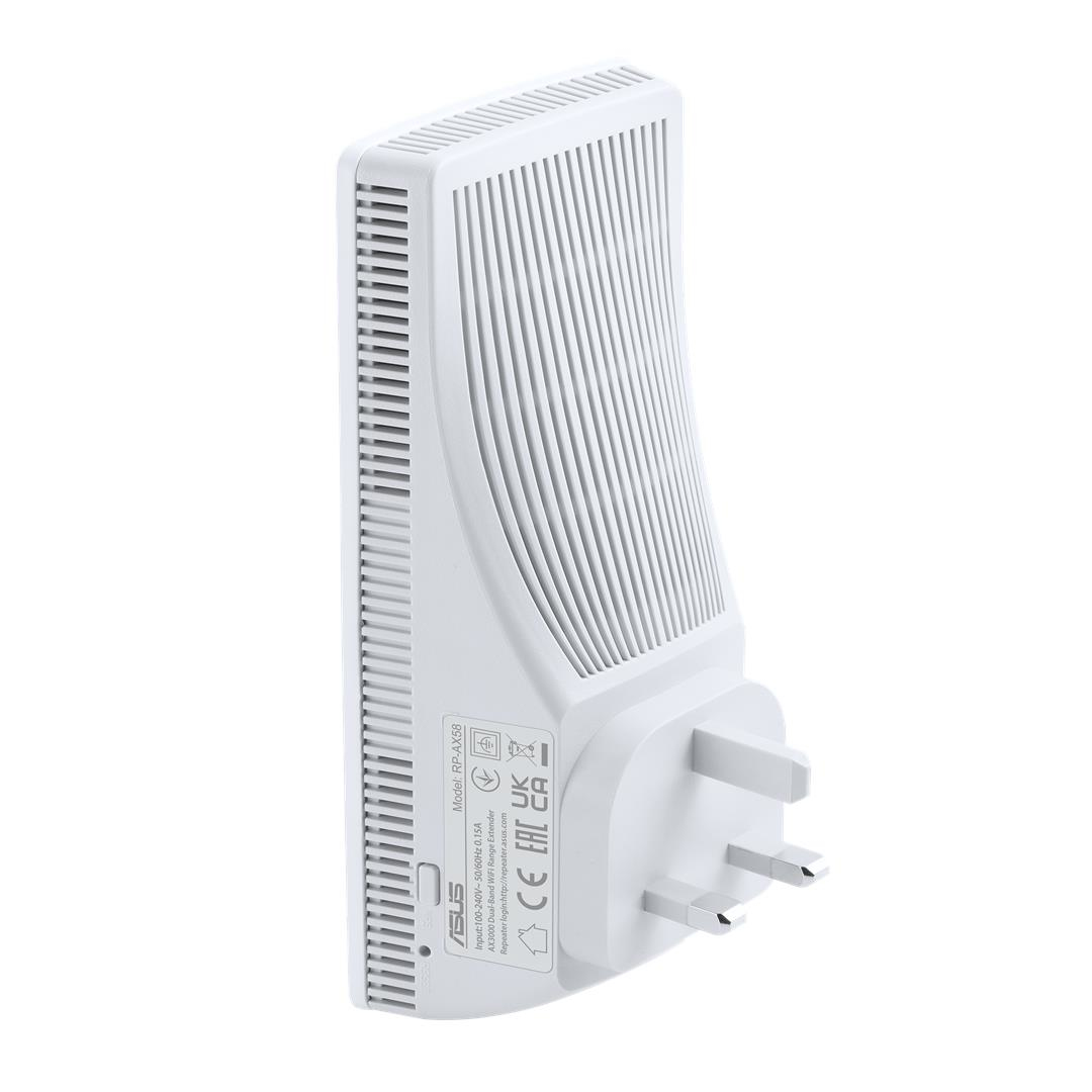 Weißer Asus WiFi-Extender mit Stecker. Belüftete Front, Port-Etiketten. Grau-weißer Hintergrund.