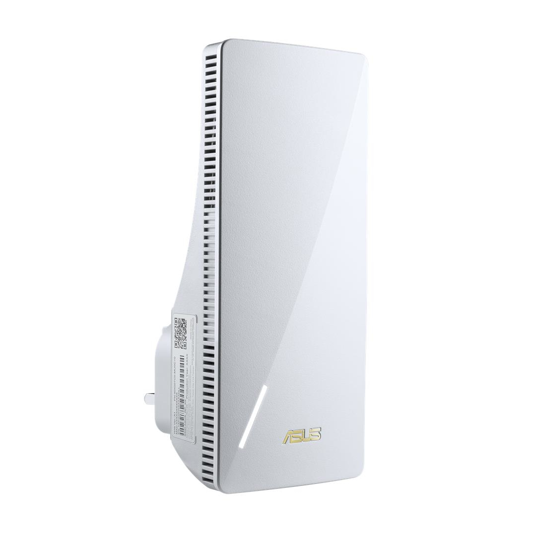 Weißer ASUS-Repeater. Das Gerät hat ein schlankes Design mit dem ASUS-Logo unten.