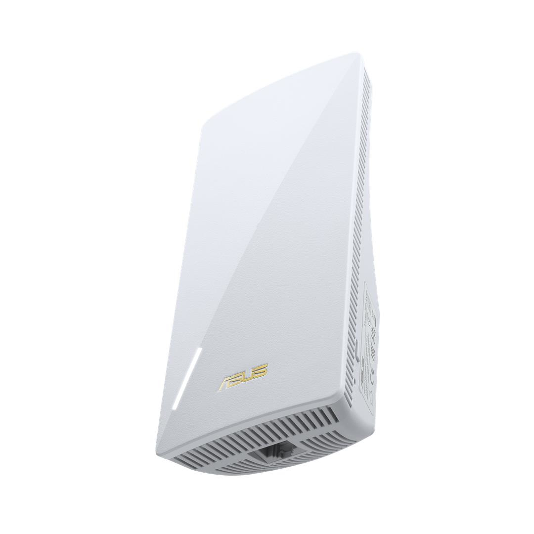 Weißer ASUS-Repeater. Das Gerät hat ein schlankes Design mit dem ASUS-Logo unten.