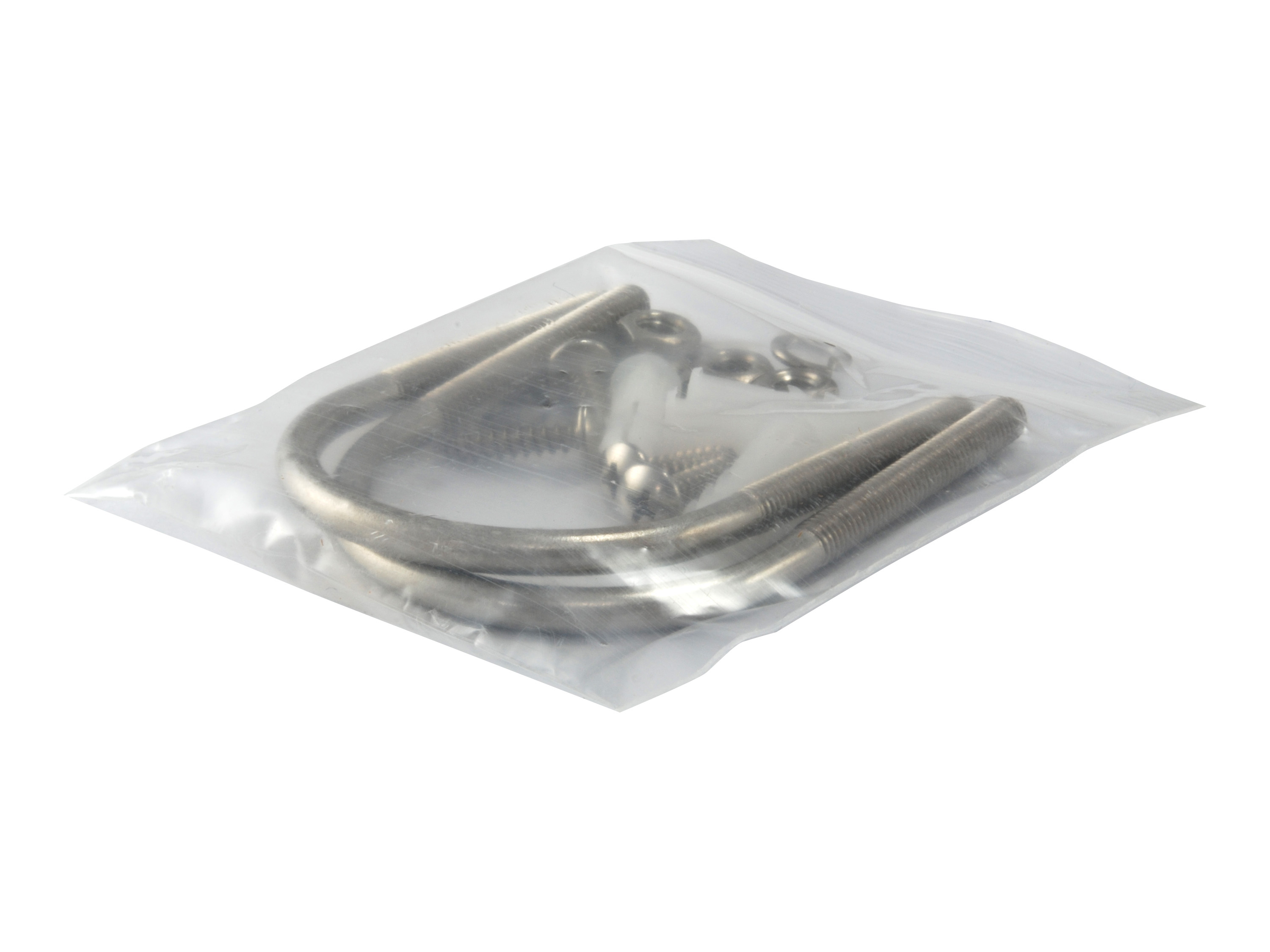 Przezroczysta plastikowa torba ze śrubami U i śrubami. Leży na białej powierzchni.