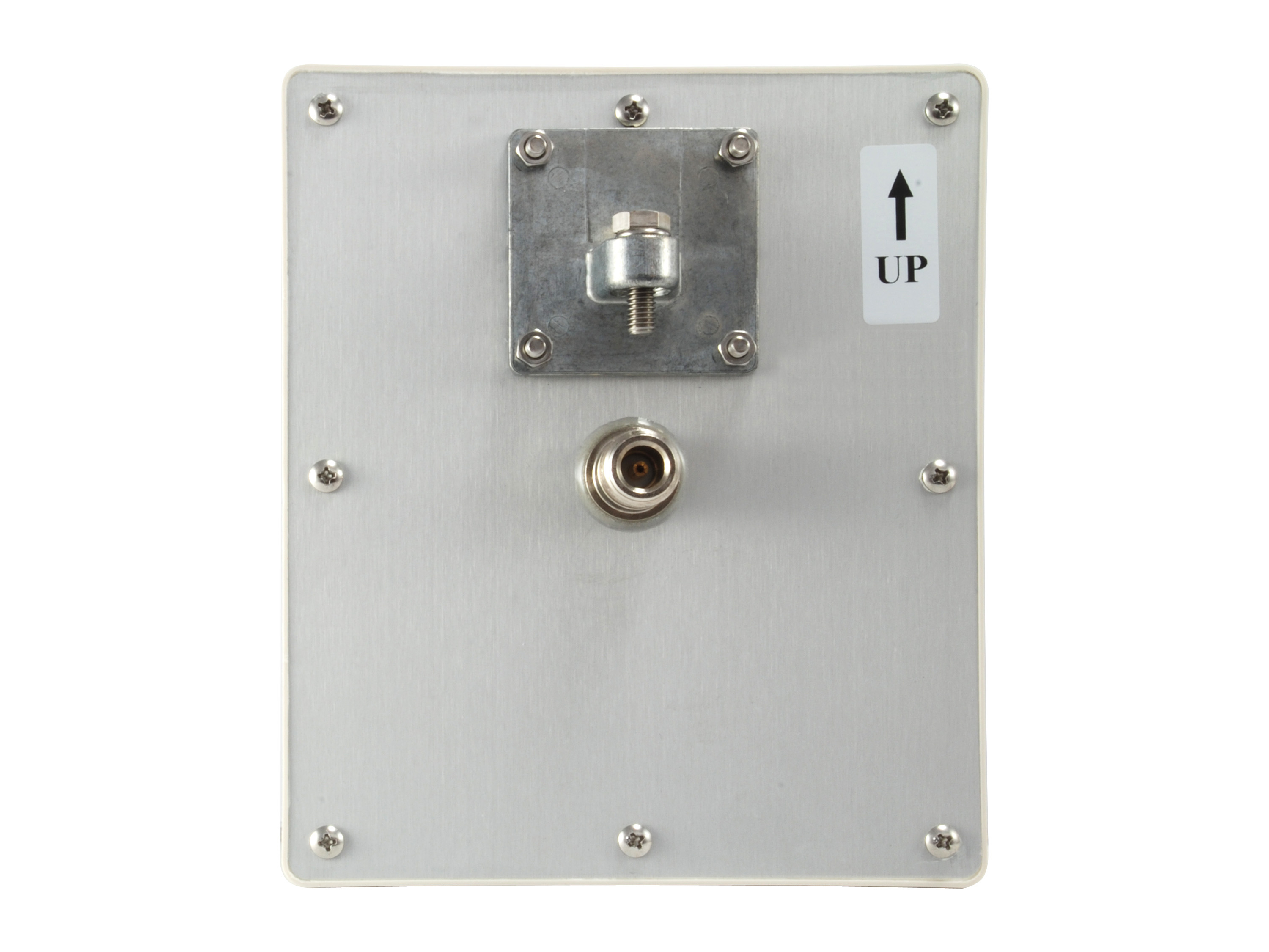 Biała prostokątna metalowa płyta z otworami na śruby i srebrnym złączem.