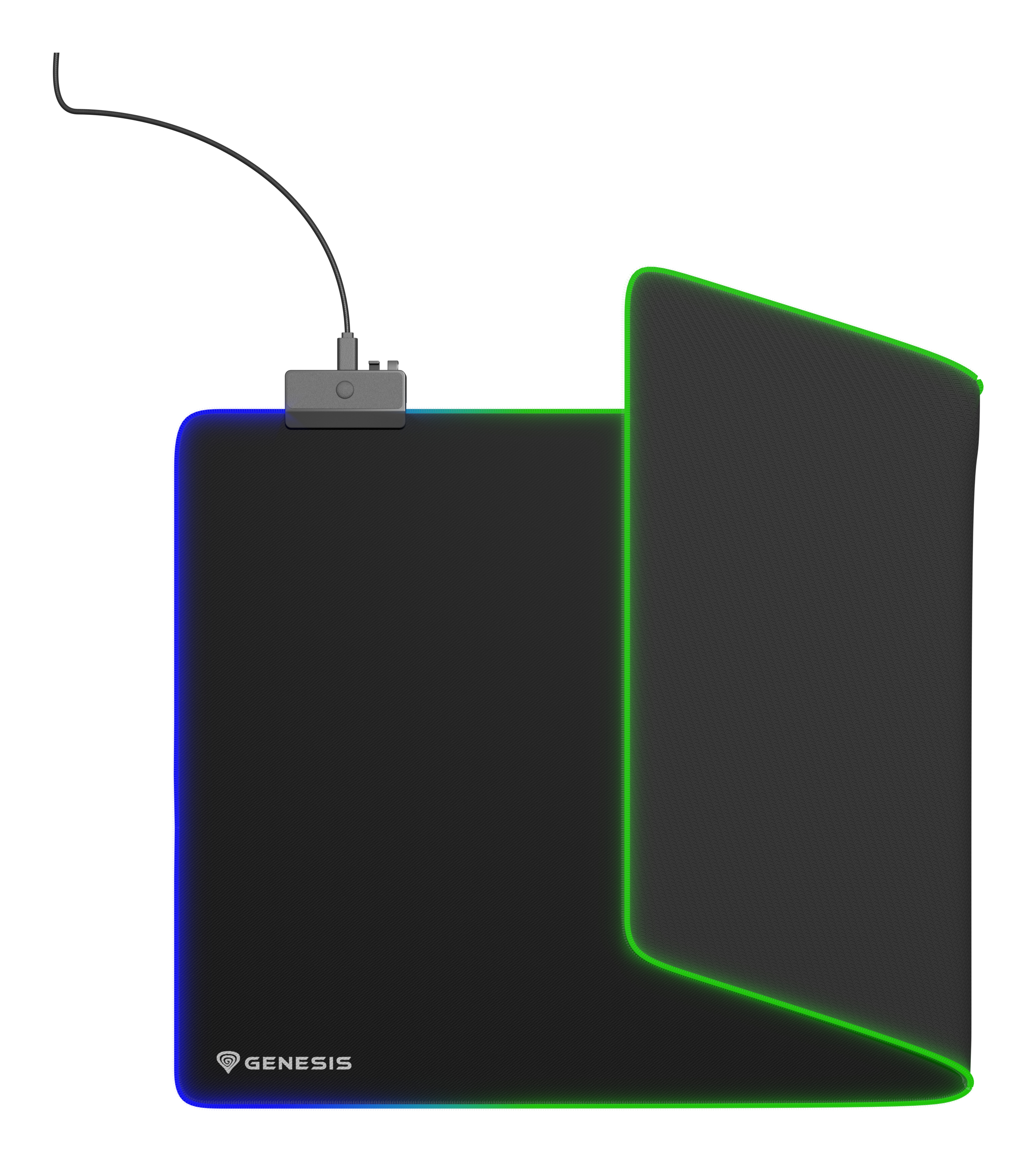 Czarna podkładka pod mysz dla graczy z podświetleniem RGB, logo Genesis i podłączonym kablem.