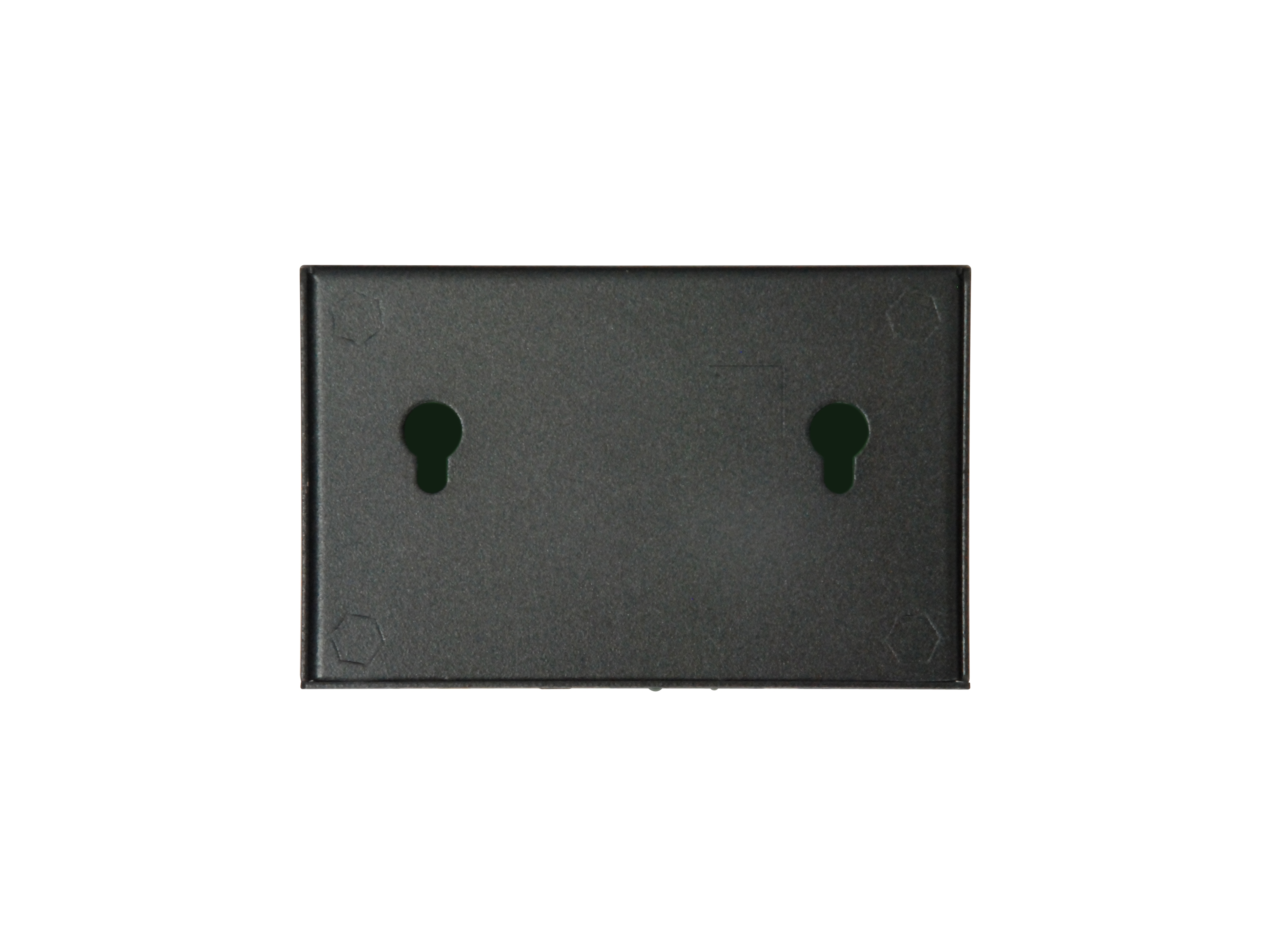 Czarne urządzenie z dwoma otworami do zawieszenia. Białe tło.