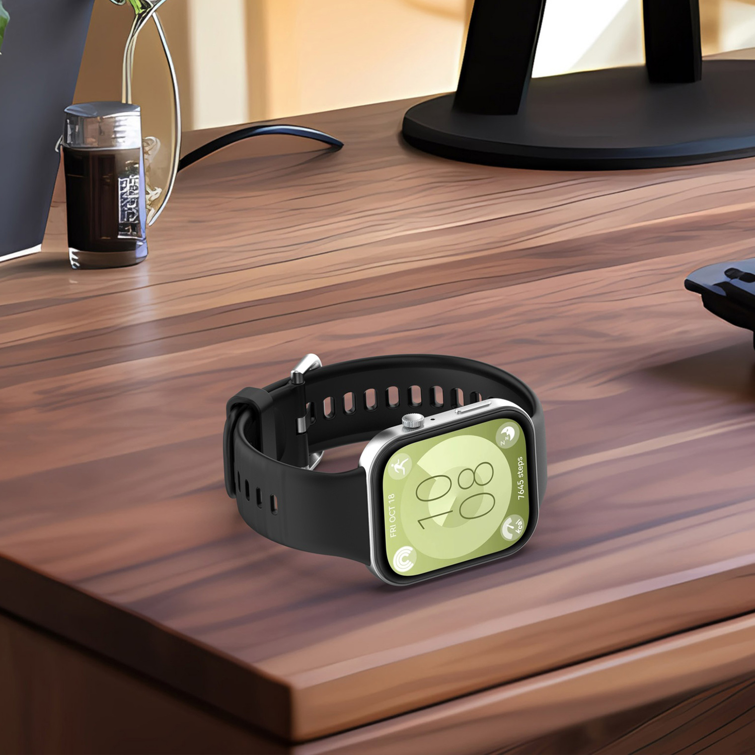 Czarny smartwatch na drewnianym stole. Ekran pokazuje godzinę i kroki.