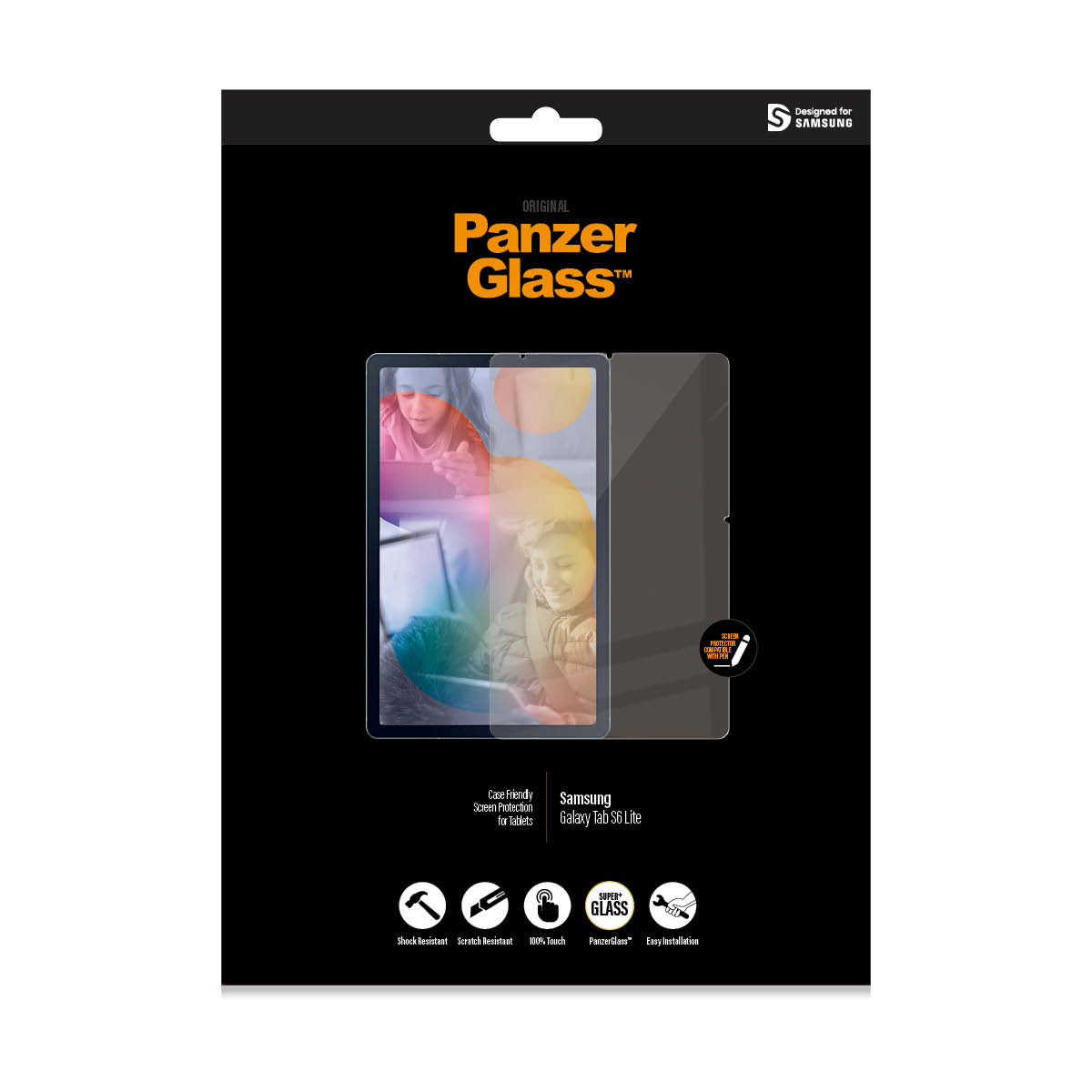 PanzerGlass Displayschutzverpackung für Samsung Galaxy Tab S6 Lite, mit Bildern und Beschreibungen.