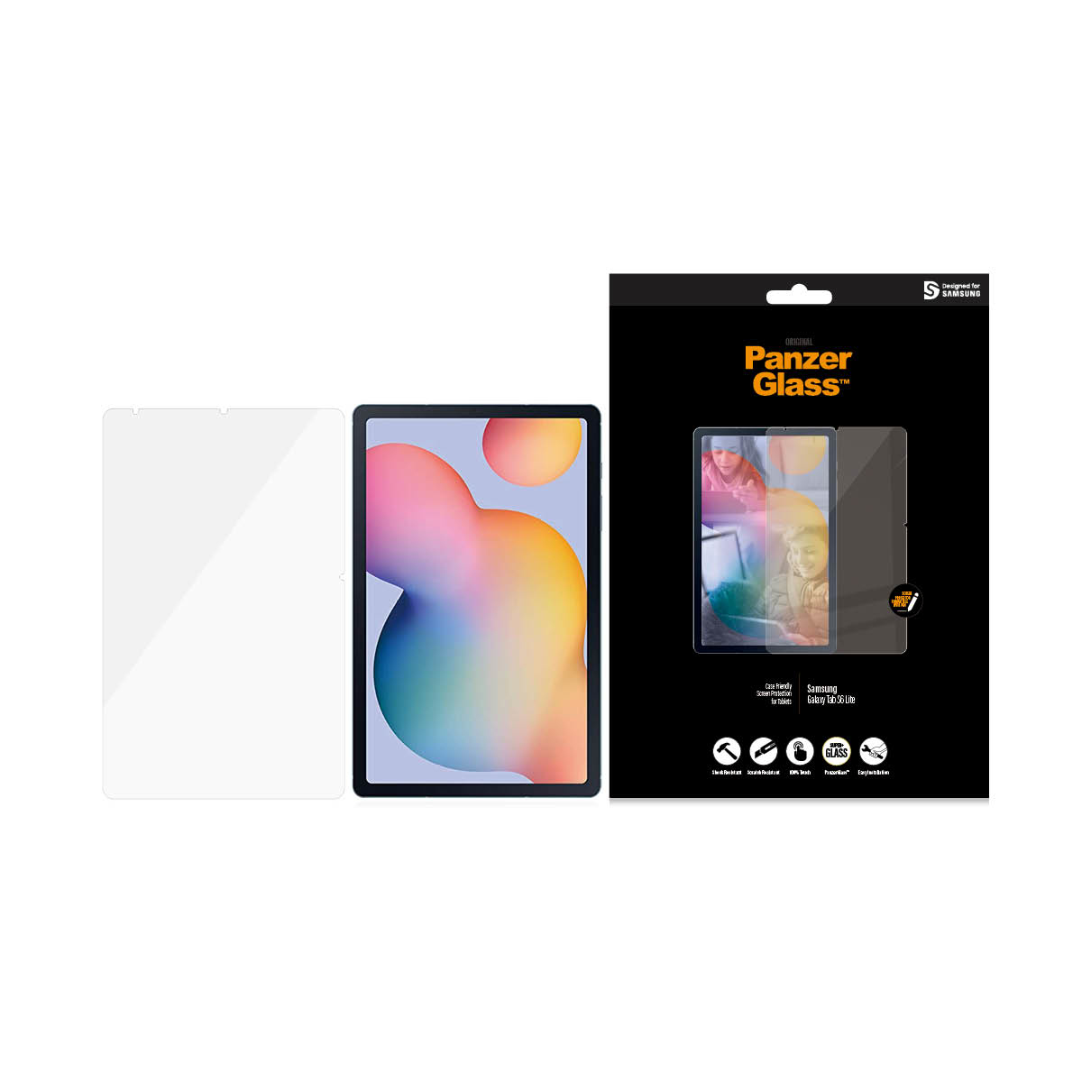 Der Displayschutz und die Box von PanzerGlass. Das Produkt ist für das Samsung Galaxy Tab S6 Lite konzipiert.