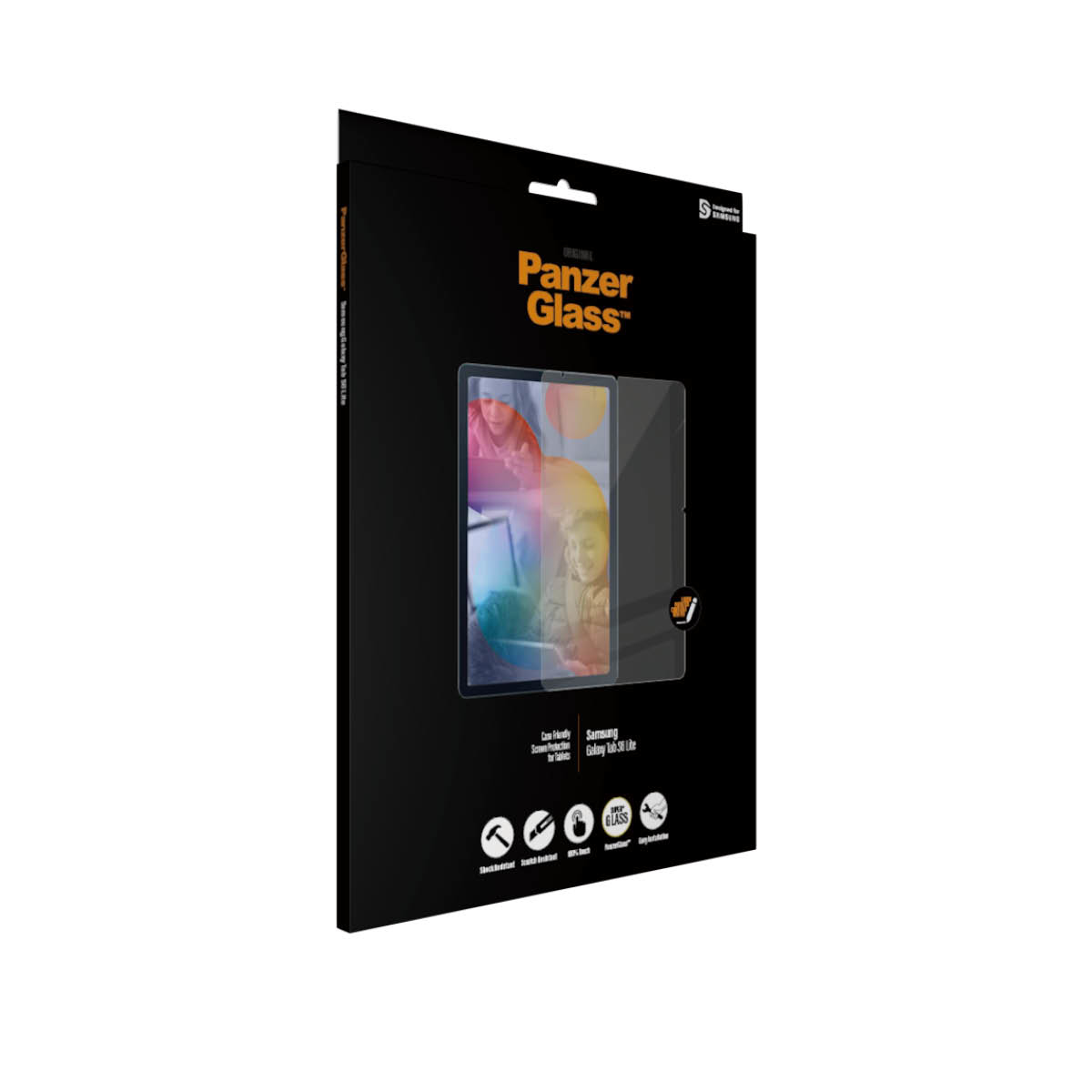 PanzerGlass-Box, schräge Ansicht. Die Box zeigt einen Displayschutz und ein Bild des Tablets.