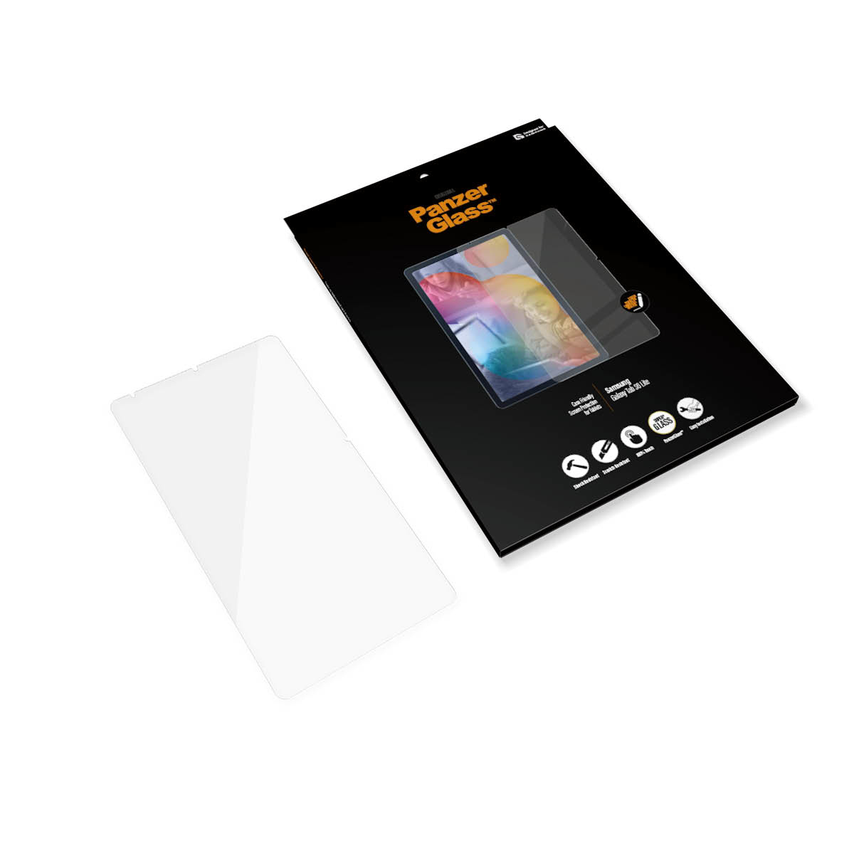 PanzerGlass Displayschutzbox. Ein Displayschutz befindet sich neben der Box auf weißem Hintergrund.