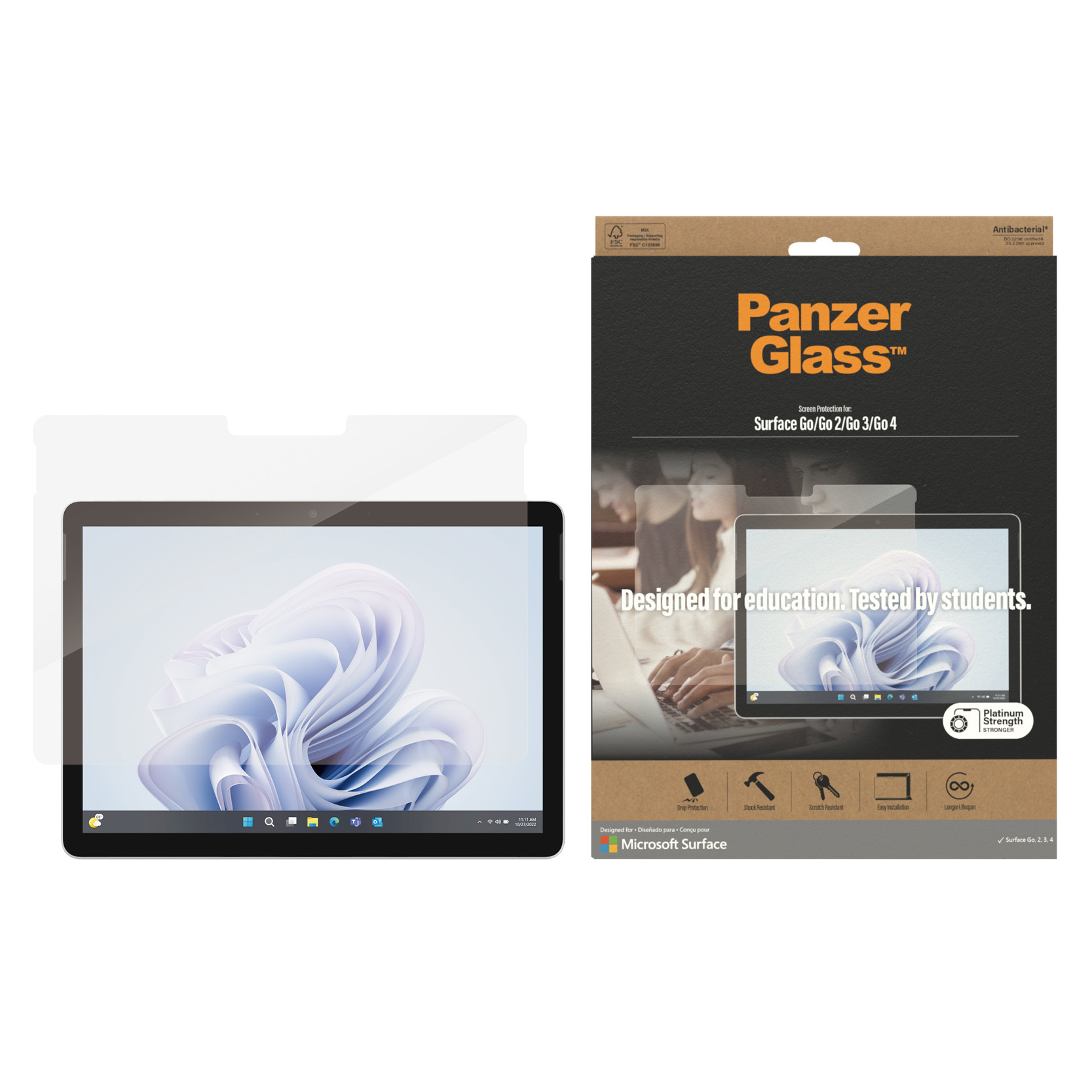 Tablet with screen protector and packaging of PanzerGlass, designed for Microsoft Surface.