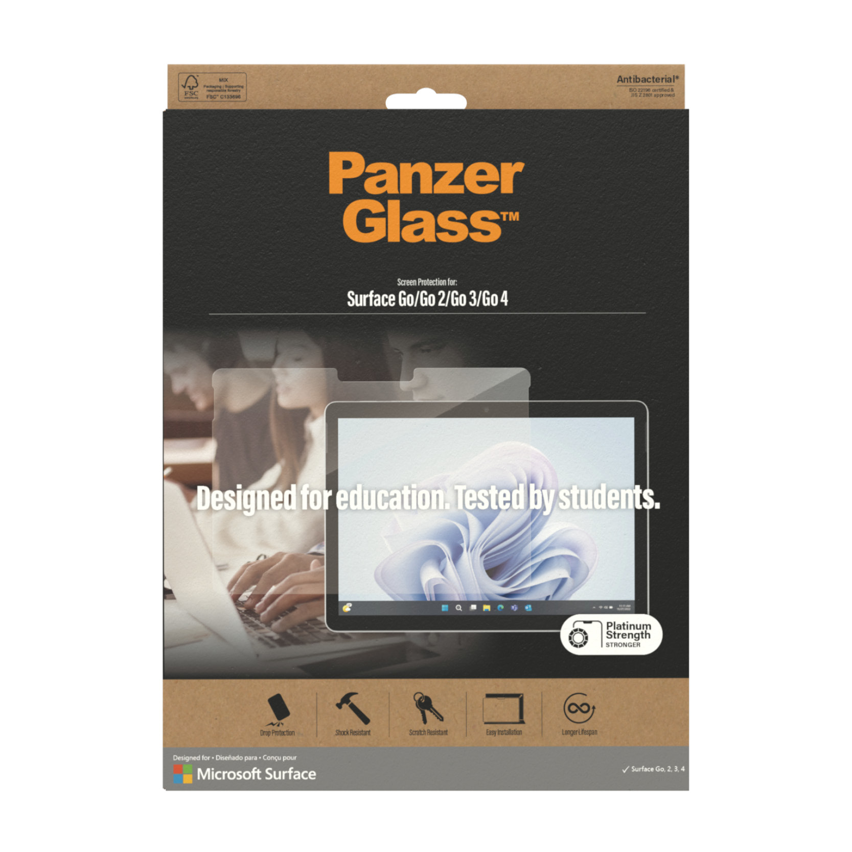 Packaging of PanzerGlass with a tablet with screen protector, designed for Microsoft Surface.