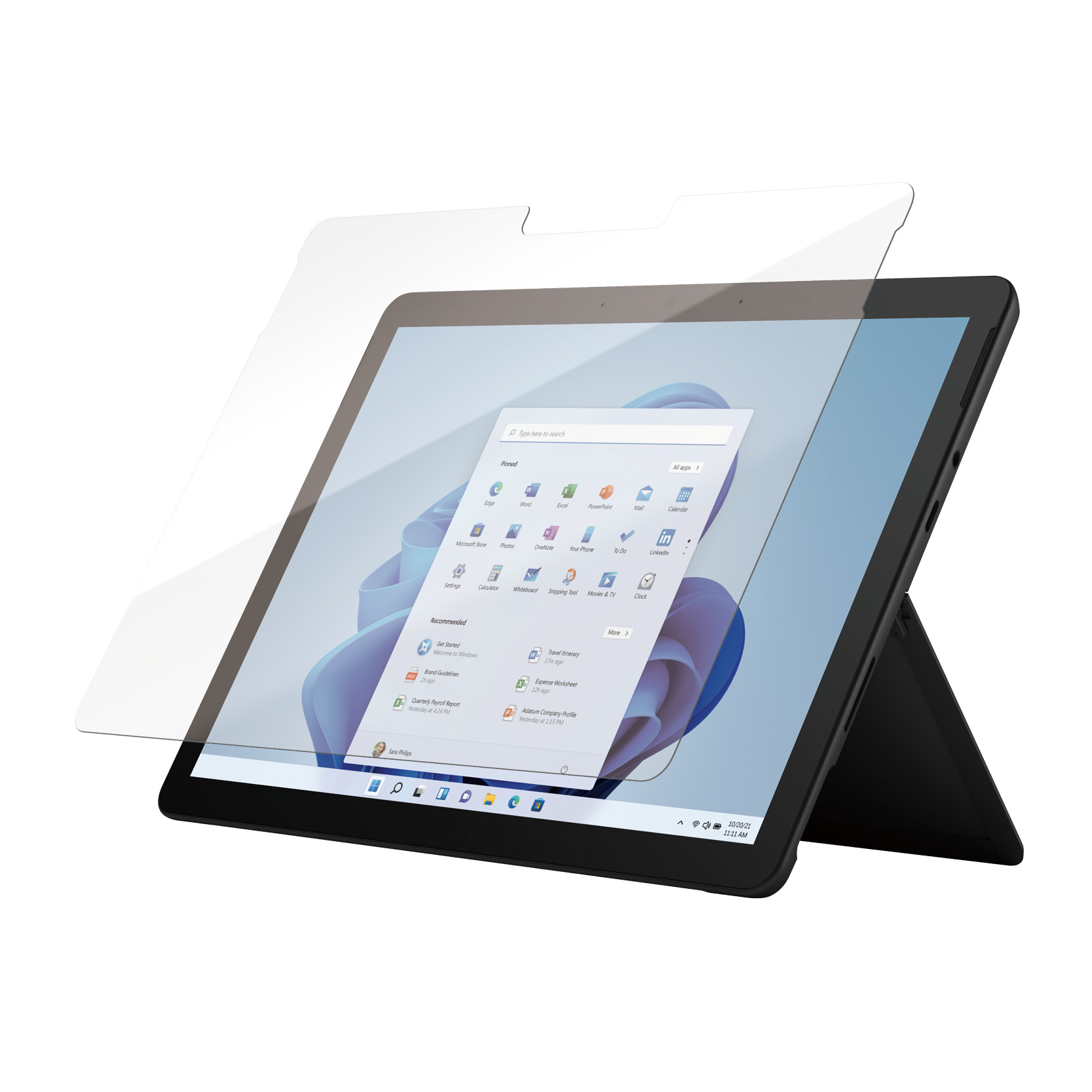 Tablet with a screen protector applied, showing a home screen with various app icons.