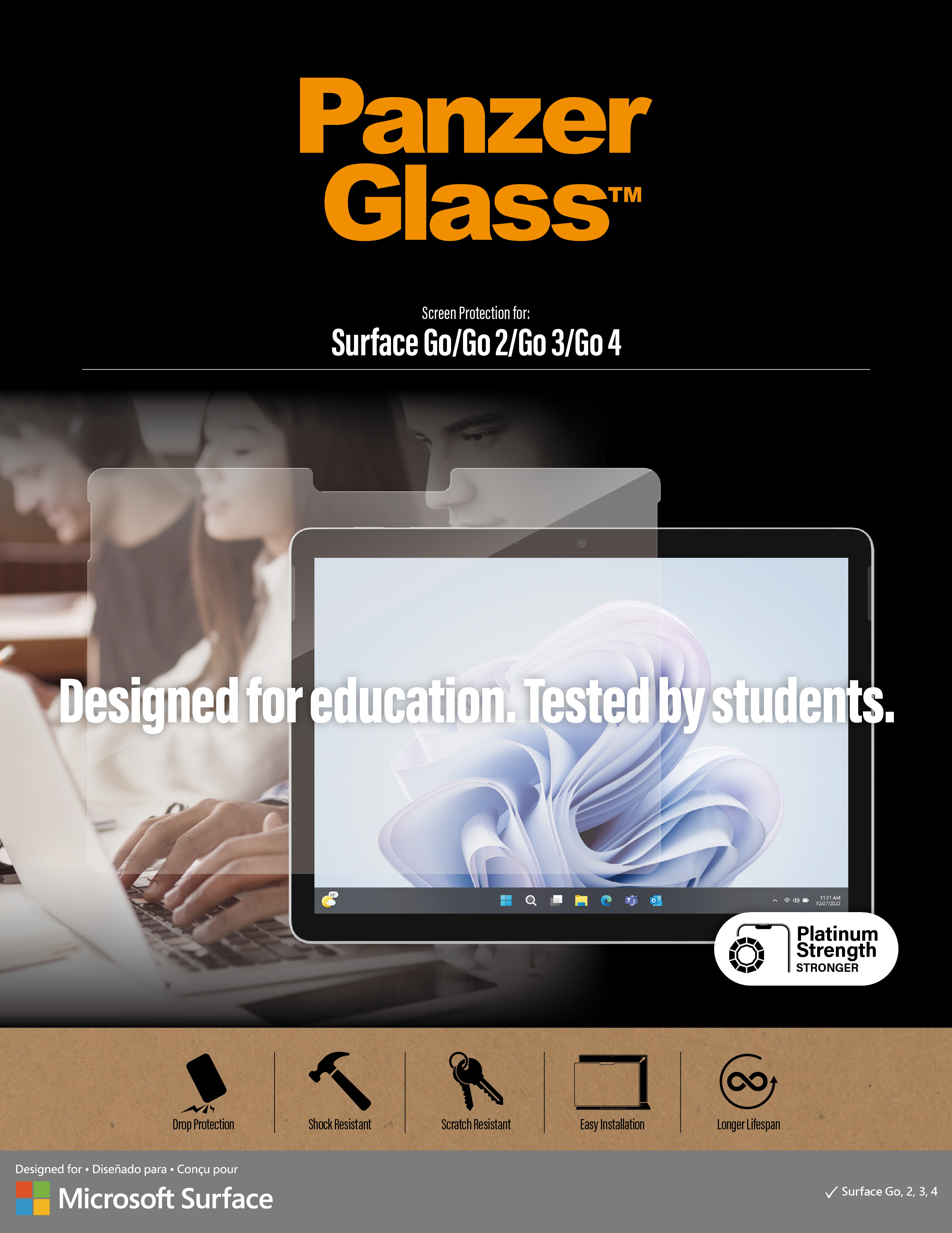 PanzerGlass screen protector packaging and a tablet with screen protector applied.
