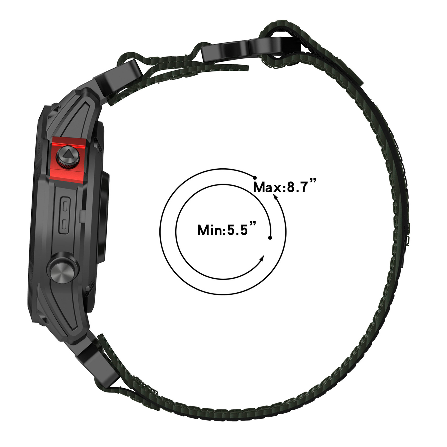 Smartwatch z boku, pokazujący pasek i wymiary: Min 5.5", Max 8.7".